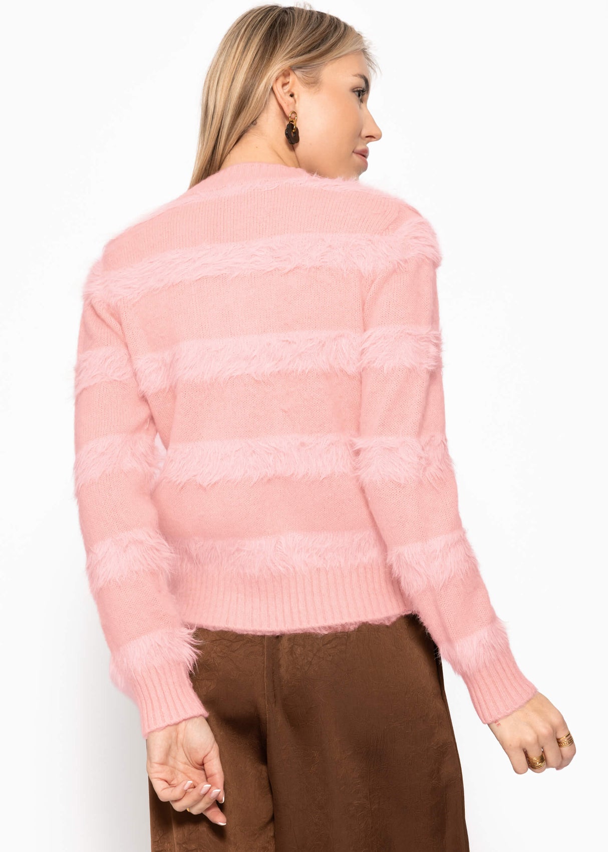 Strickjacke mit flauschigen Streifen - rosa