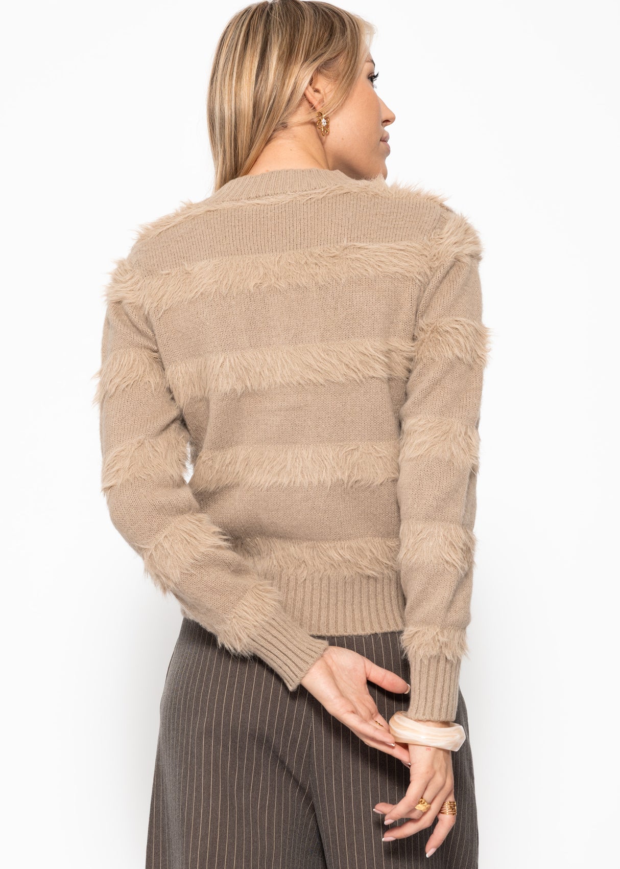 Cardigan with fluffy stripes - taupe