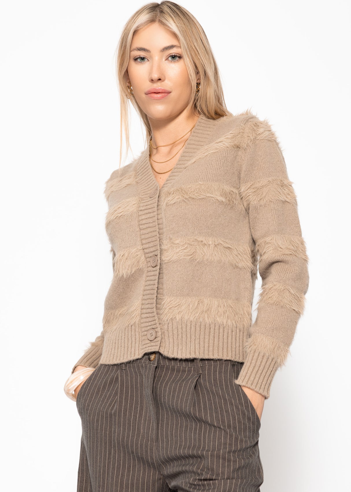 Cardigan with fluffy stripes - taupe