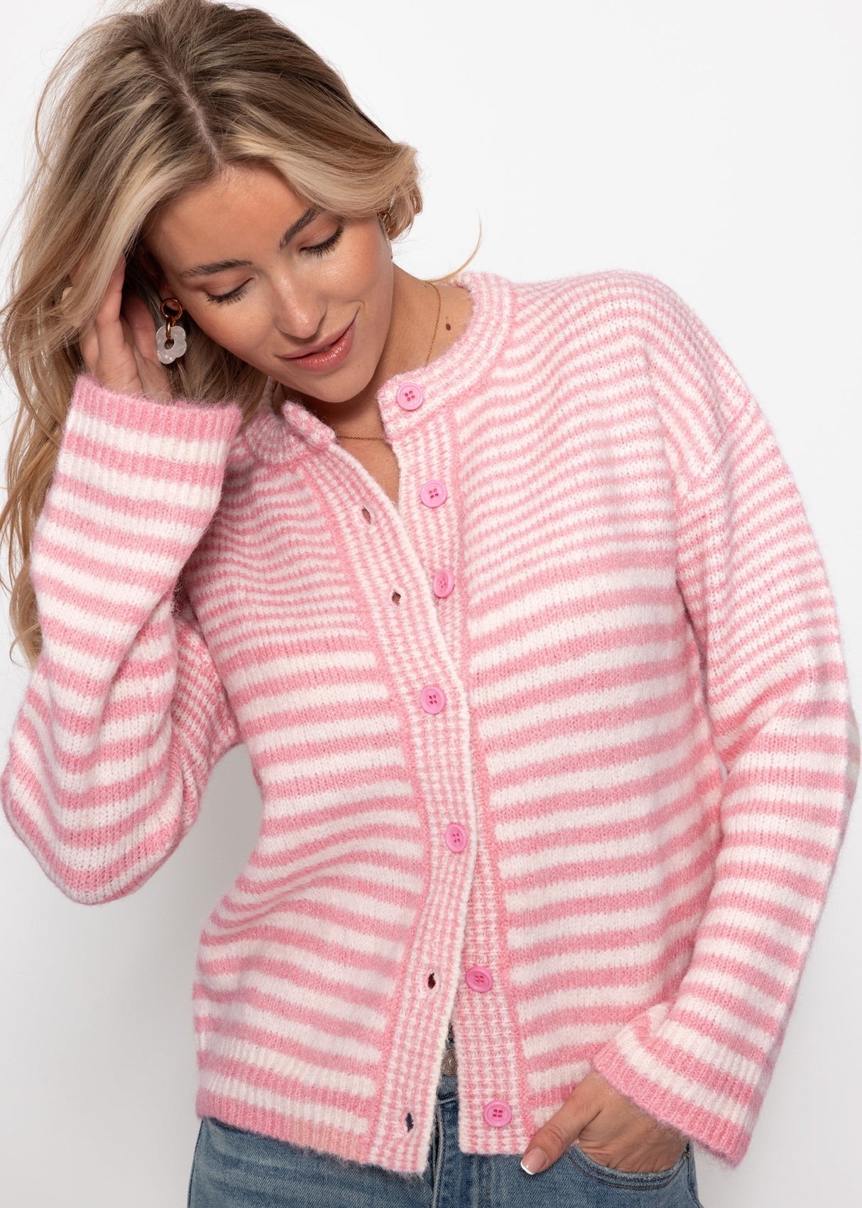 Cardigan with graphic stripe pattern - pink