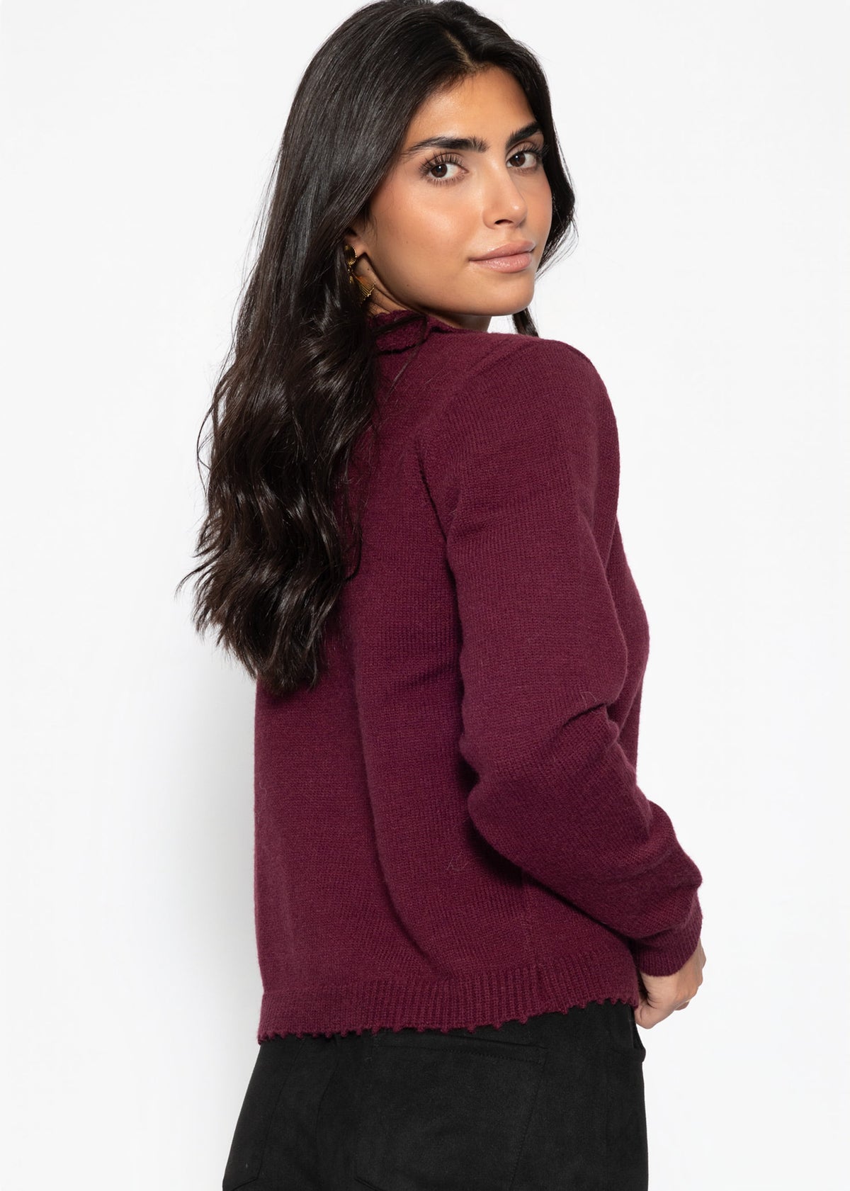 Strickjacke mit Häkelkragen - burgundy