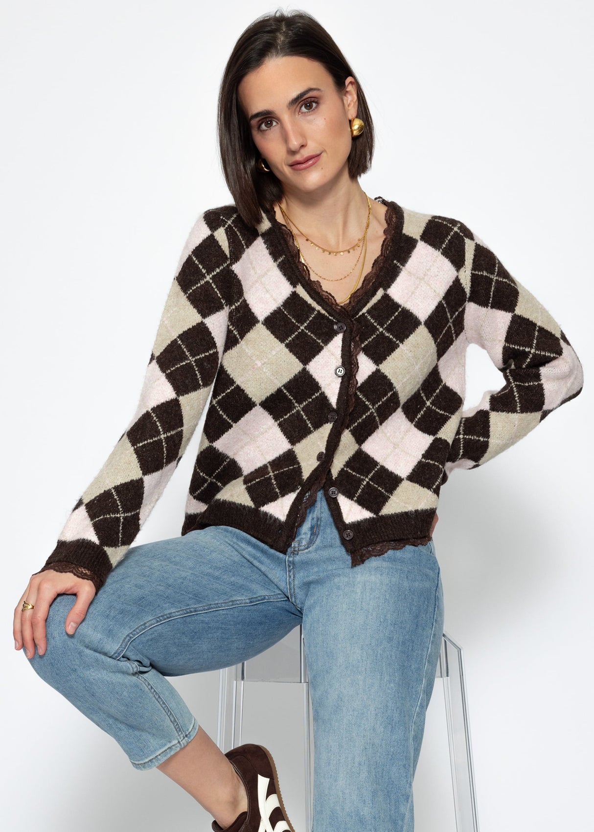 Cardigan with diamond pattern and lace trim - brown