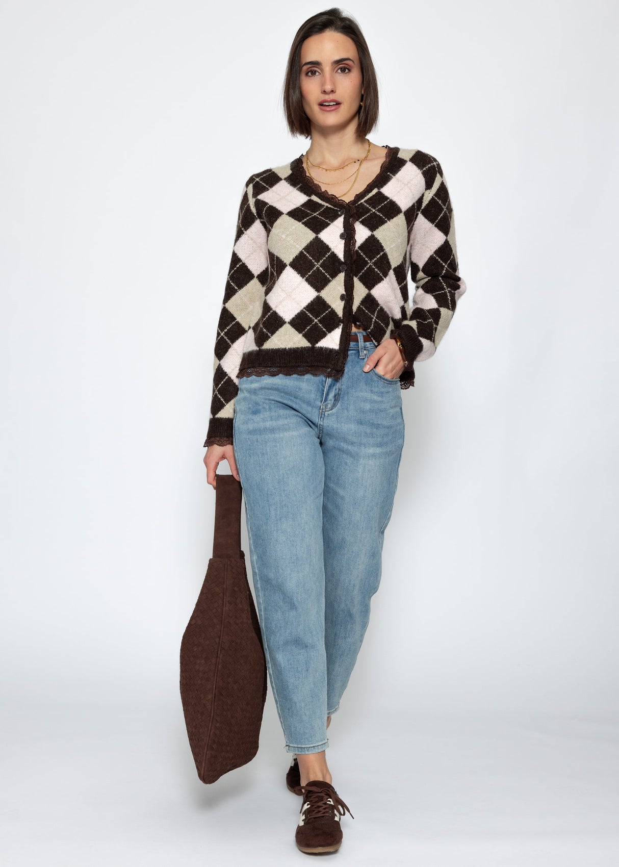 Cardigan with diamond pattern and lace trim - brown