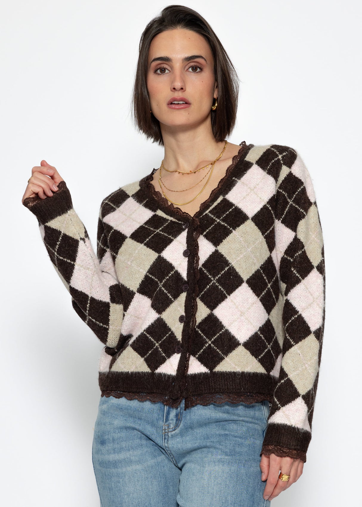 Cardigan with diamond pattern and lace trim - brown