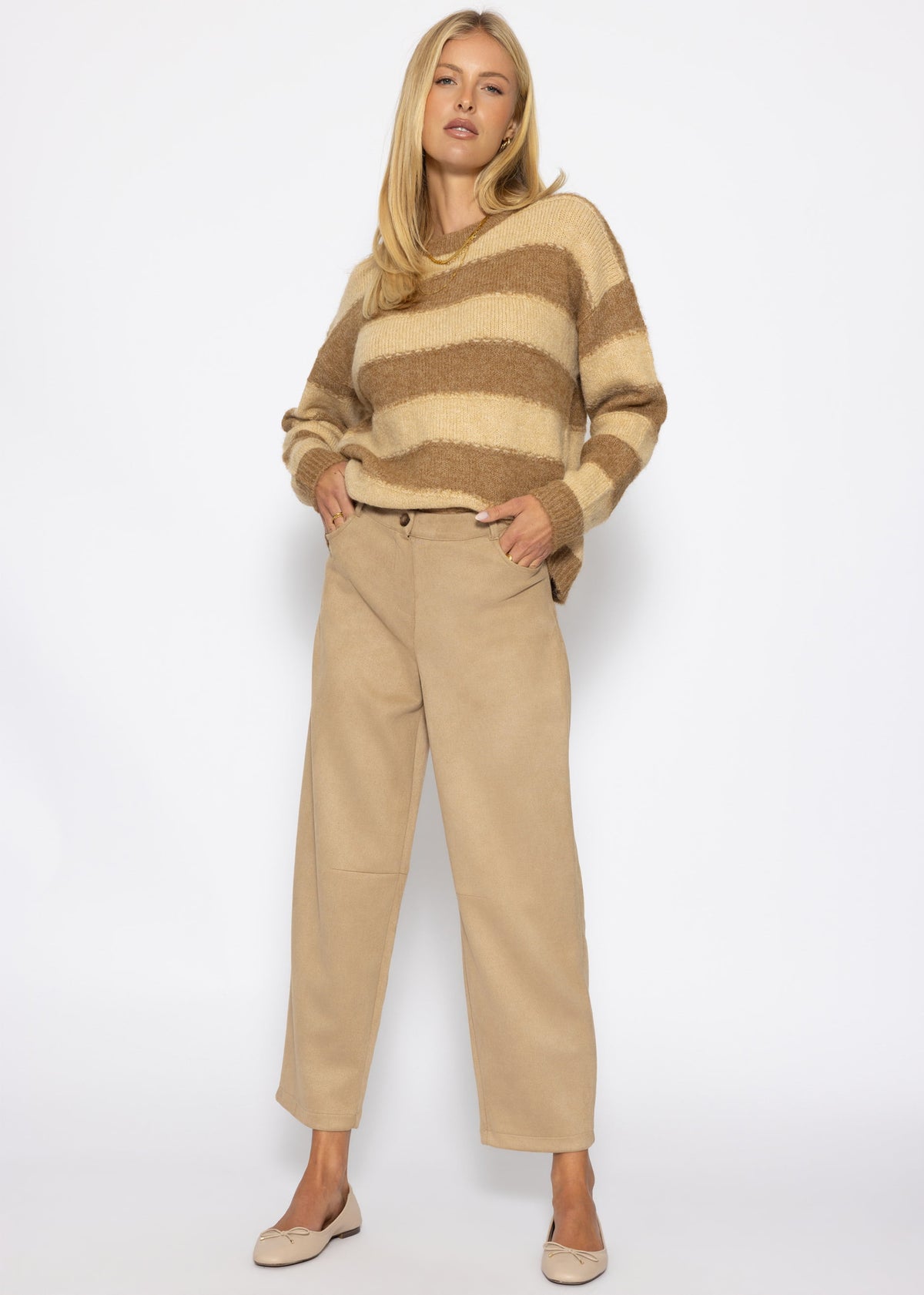 Strickpullover mit Blockstreifen - camel-beige