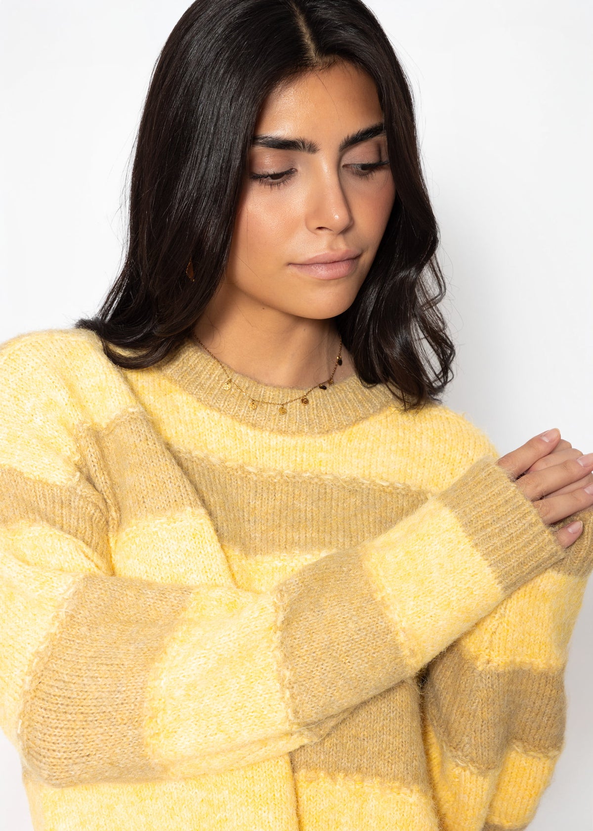 Strickpullover mit Blockstreifen - gelb-taupe