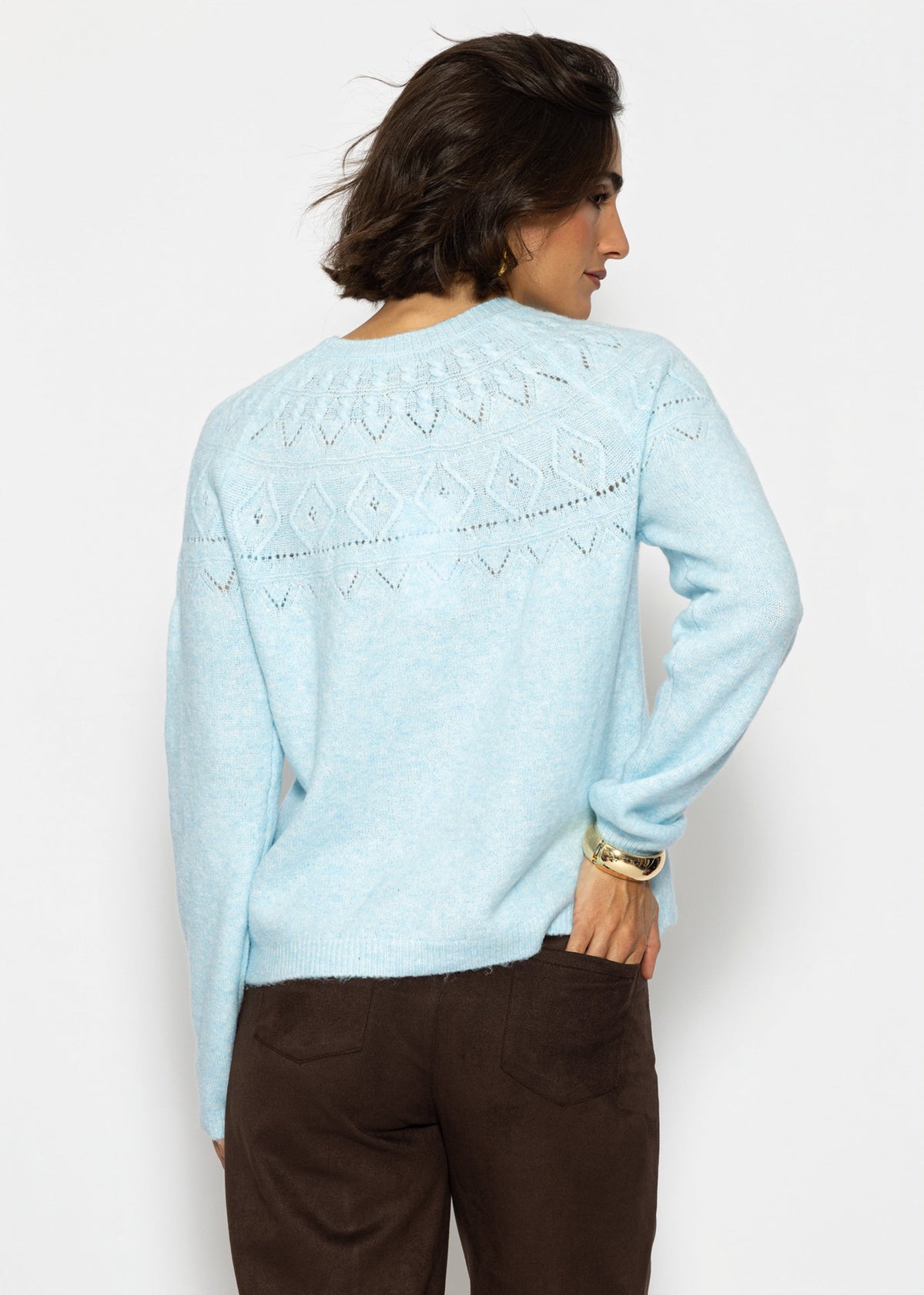 Strickpullover mit feinem Ajour-Norwegermuster- hellblau