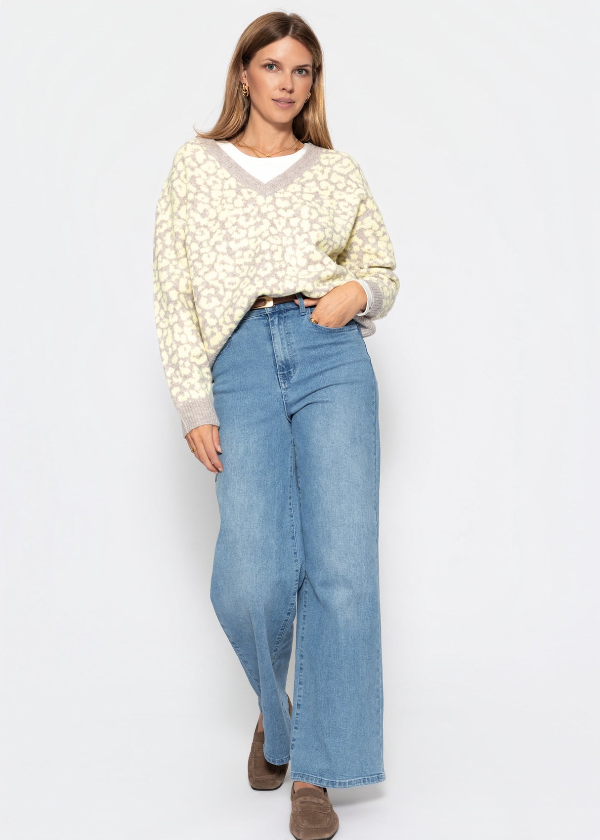 Strickpullover mit Leopardenmuster - beige-gelb