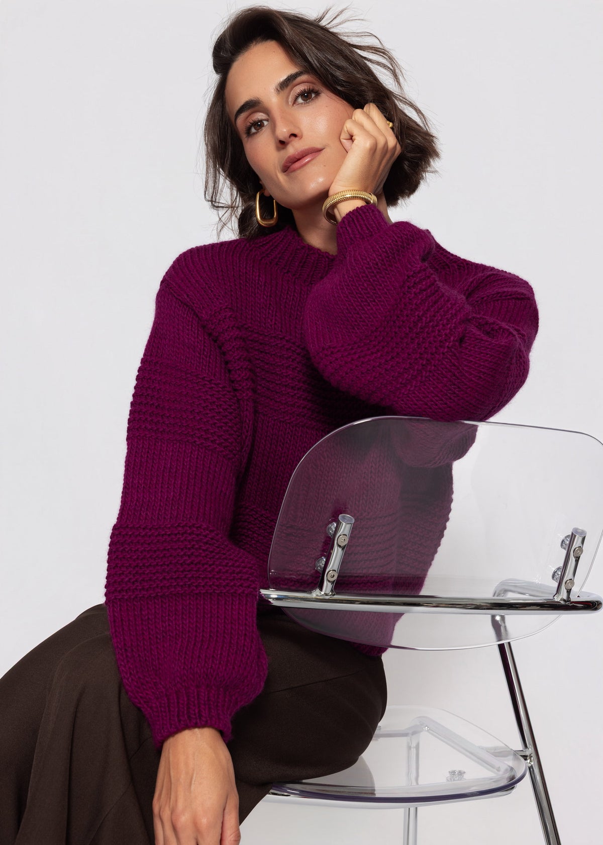 Strickpullover mit Strukturstreifen - plum