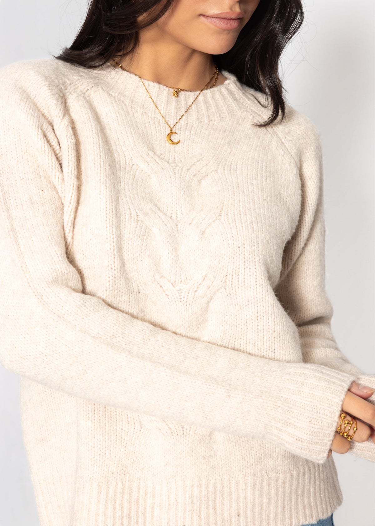 Strickpullover mit Zopfmuster - beige