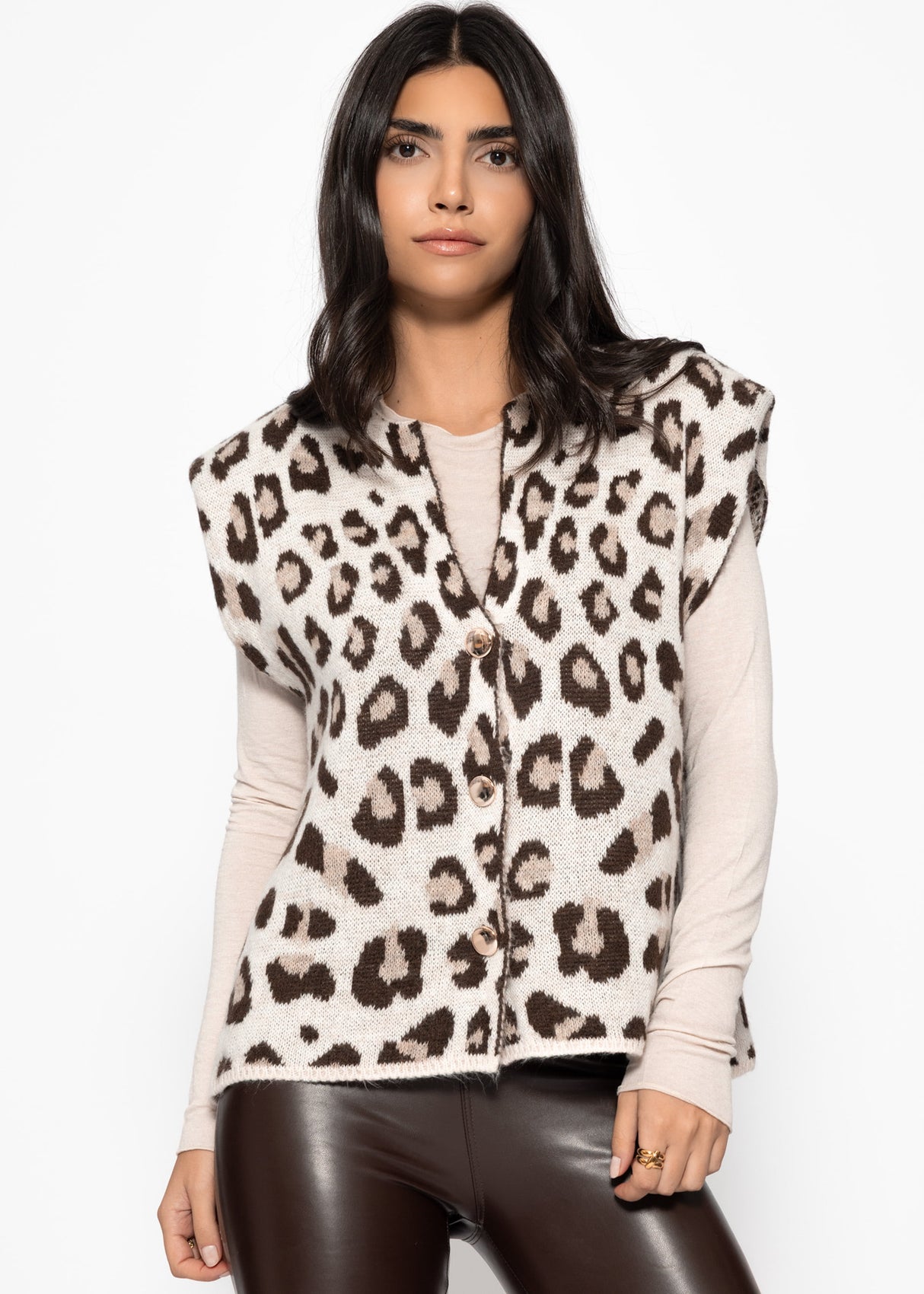 Knitted vest with leopard print - light beige