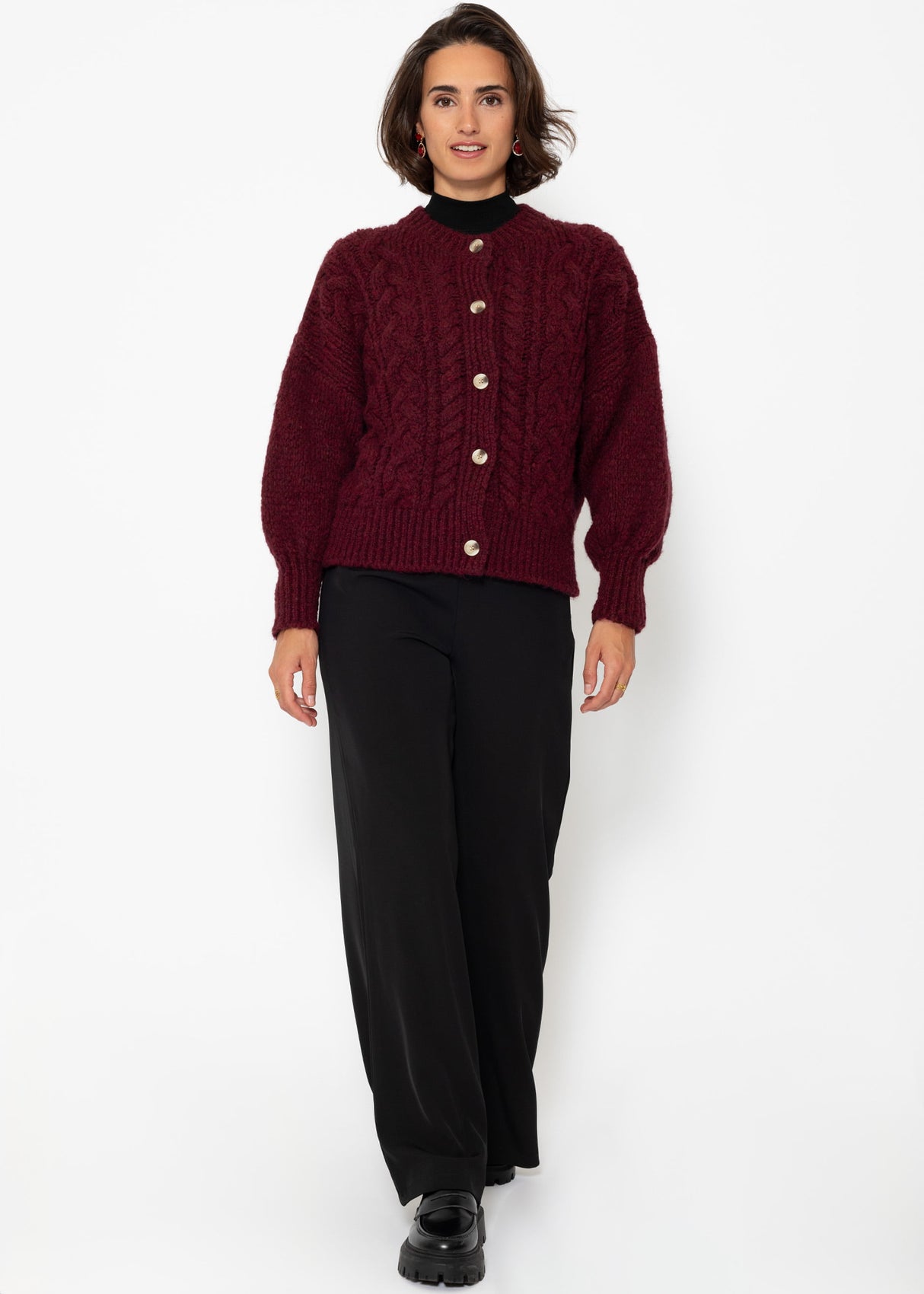 Super fluffy cable-knit cardigan - burgundy