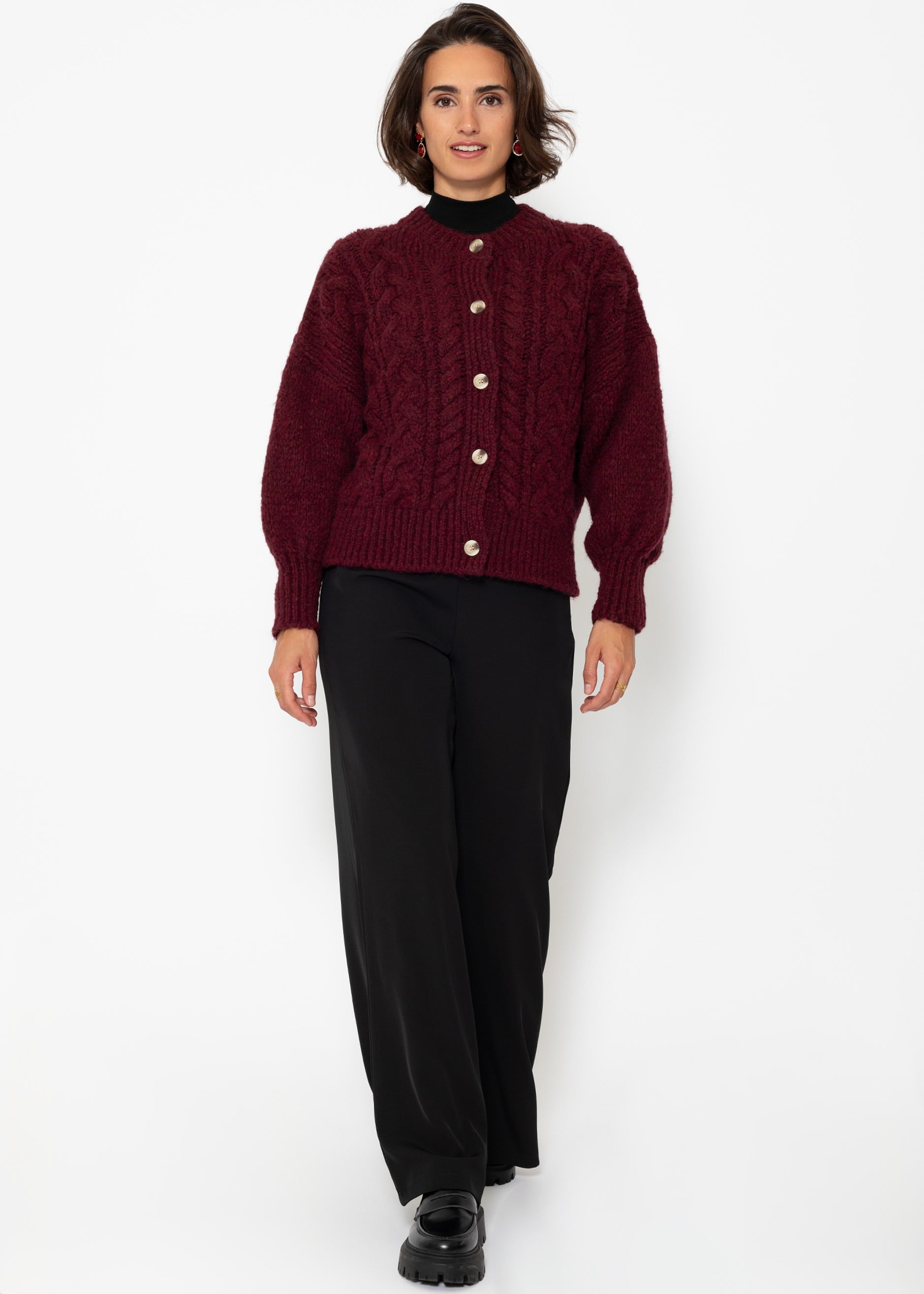 Super fluffy cable-knit cardigan - burgundy
