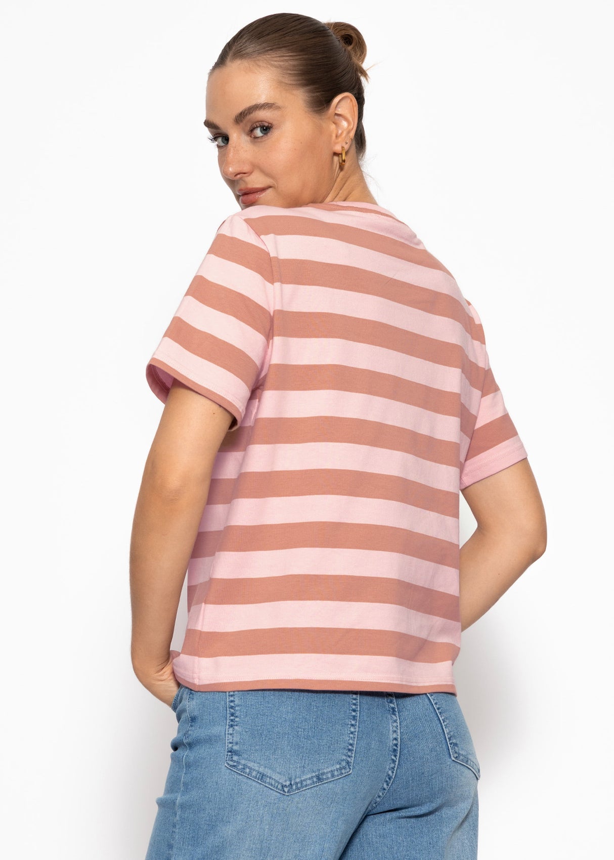 T-Shirt mit Blockstreifen - rosa-braun