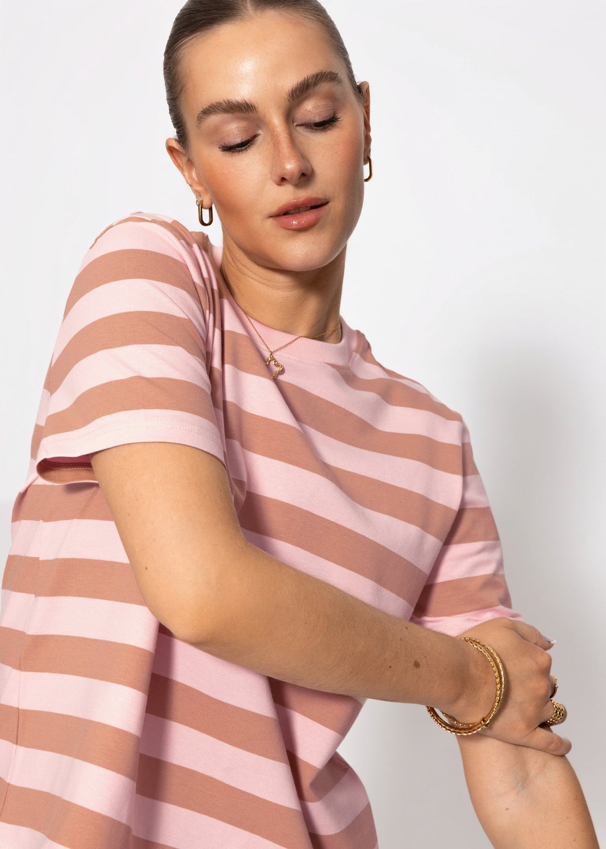T-Shirt mit Blockstreifen - rosa-braun