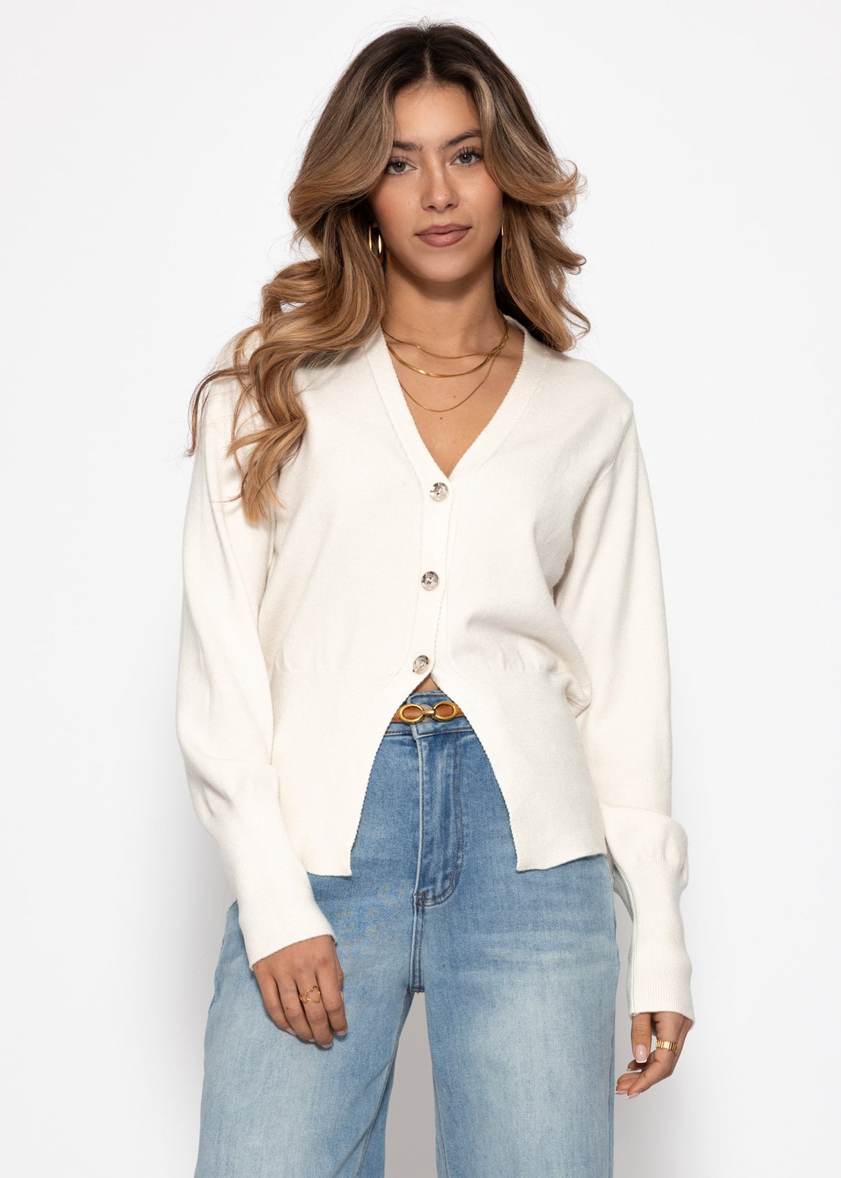 Fitted cardigan with button placket - off-white