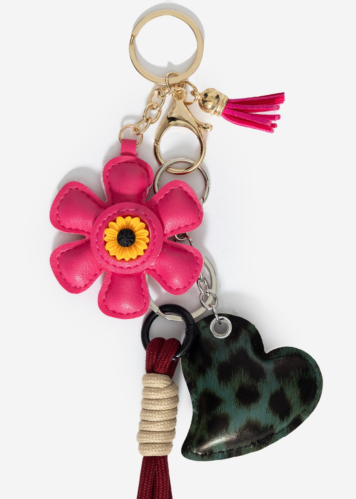 Bag tag set with flower and leo heart - pink