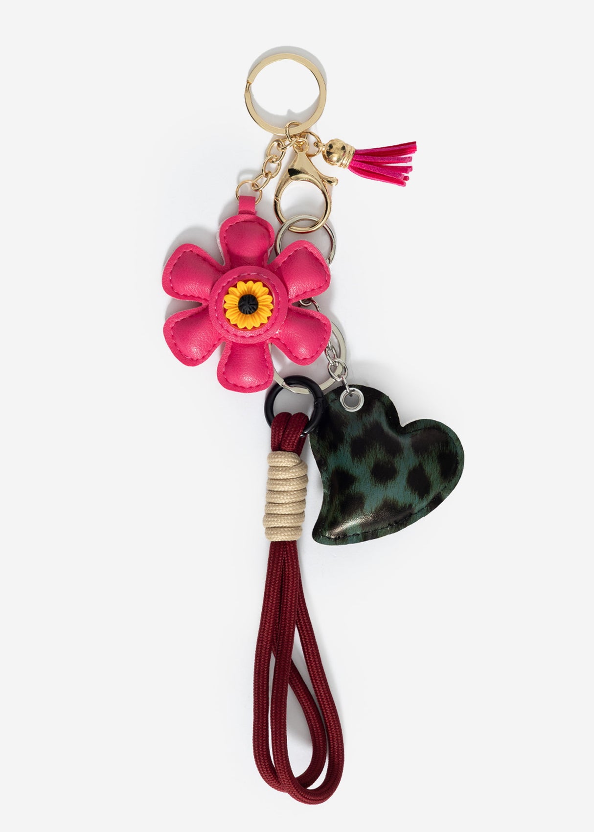 Bag tag set with flower and leo heart - pink