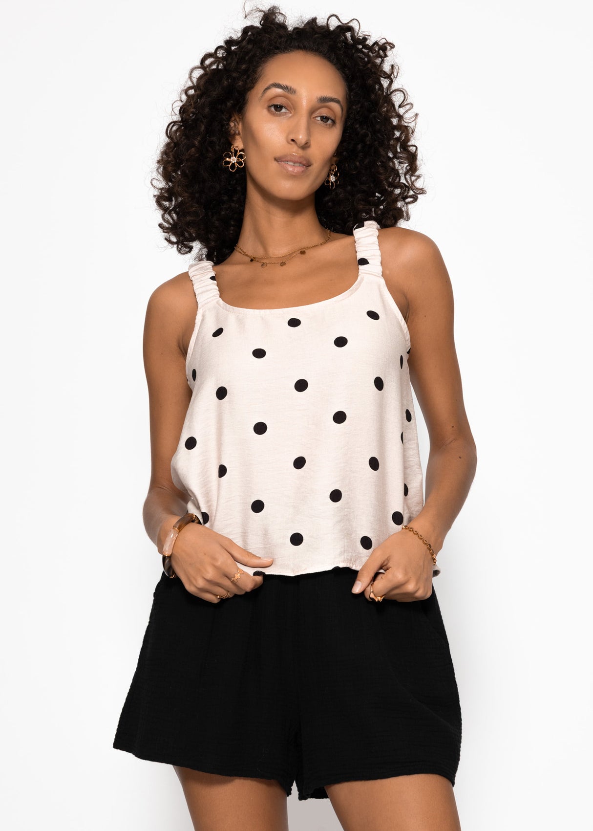 Top with gathered straps and polka dot print - off-white