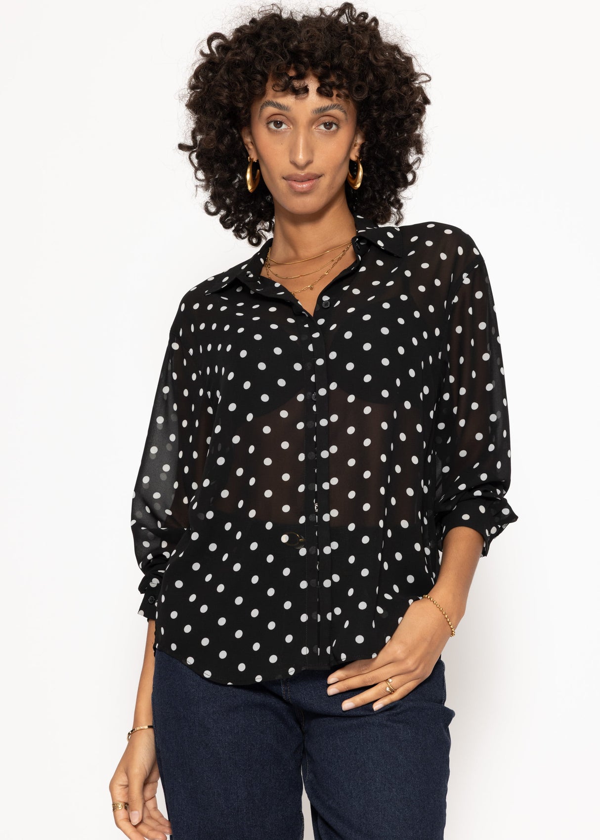 Transparent blouse with dot print - black