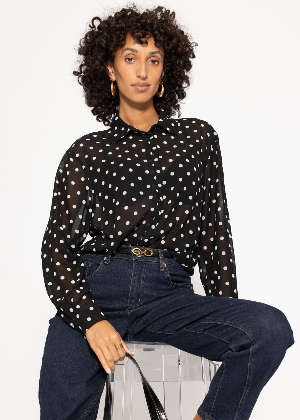 Transparent blouse with dot print - black