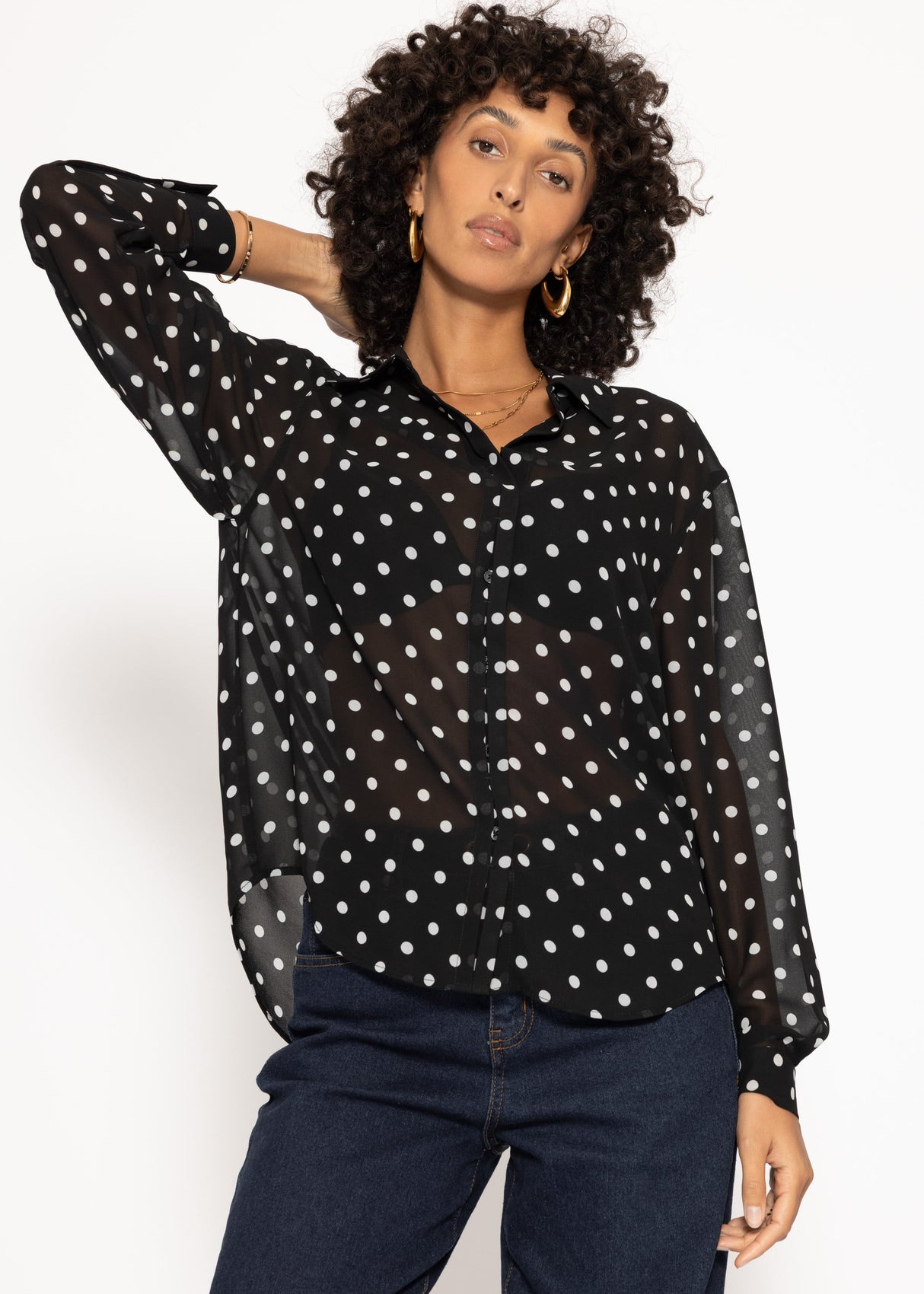 Transparent blouse with dot print - black