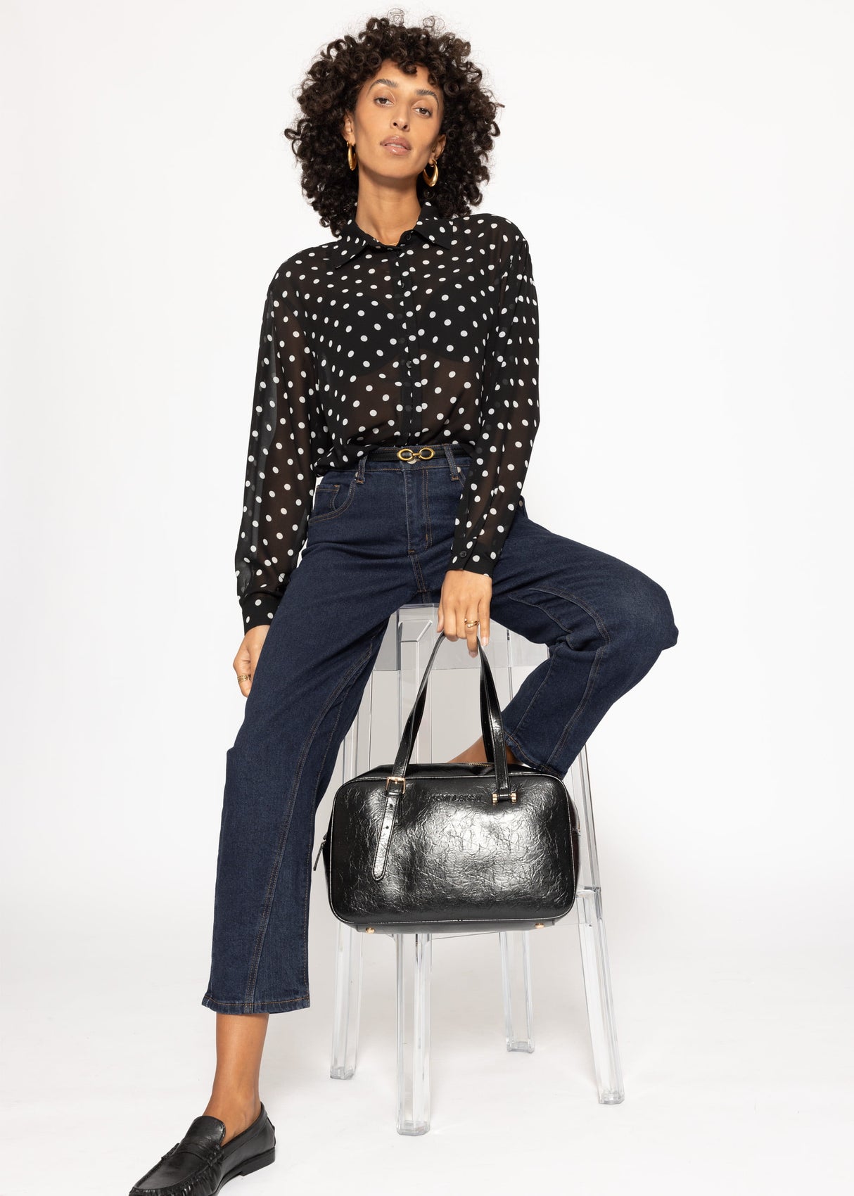 Transparent blouse with dot print - black