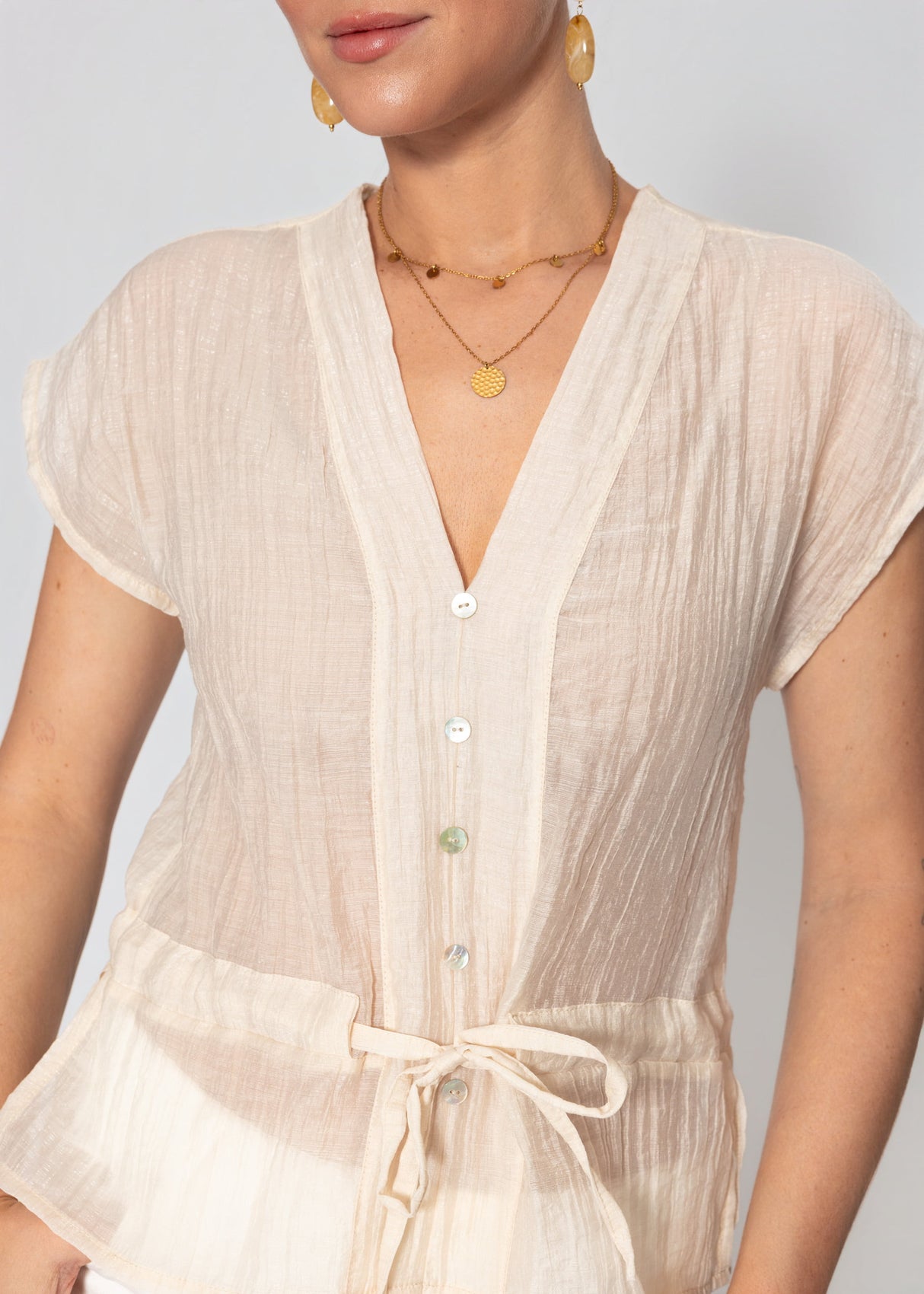 Transparentes Blusentop mit Zugband - beige