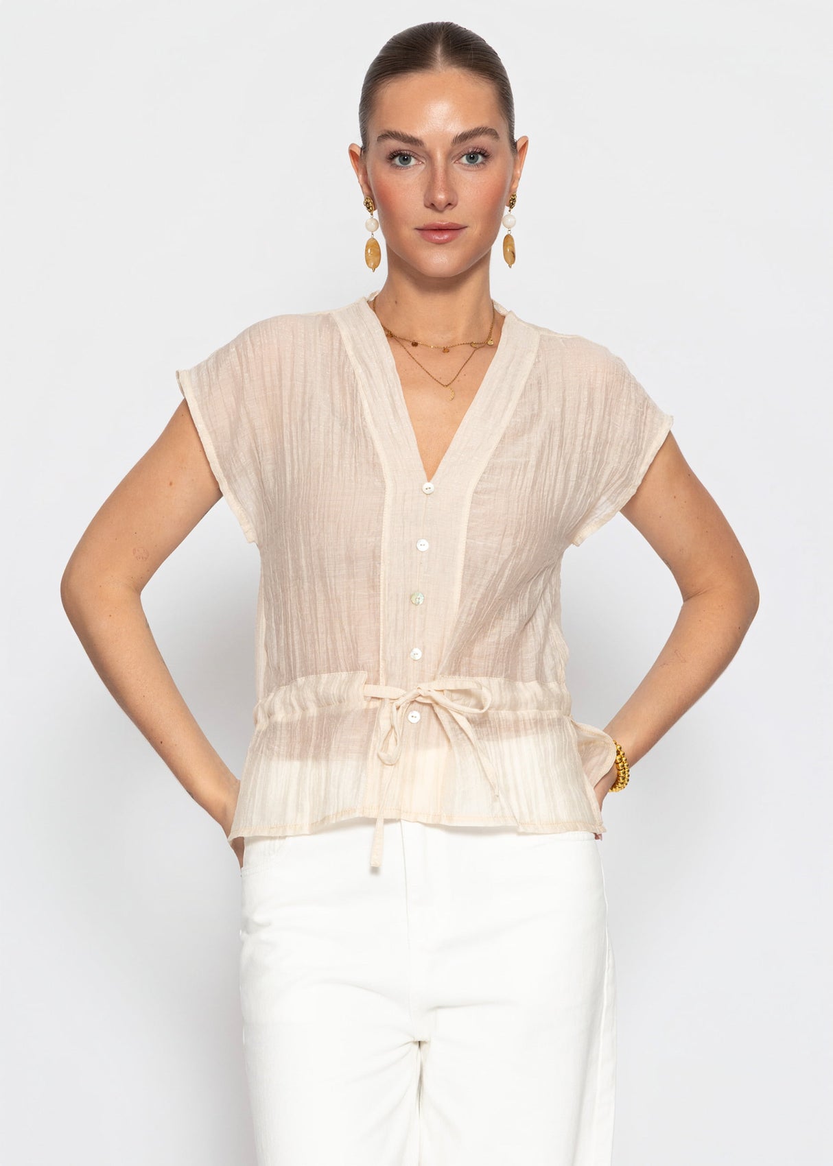 Transparentes Blusentop mit Zugband - beige