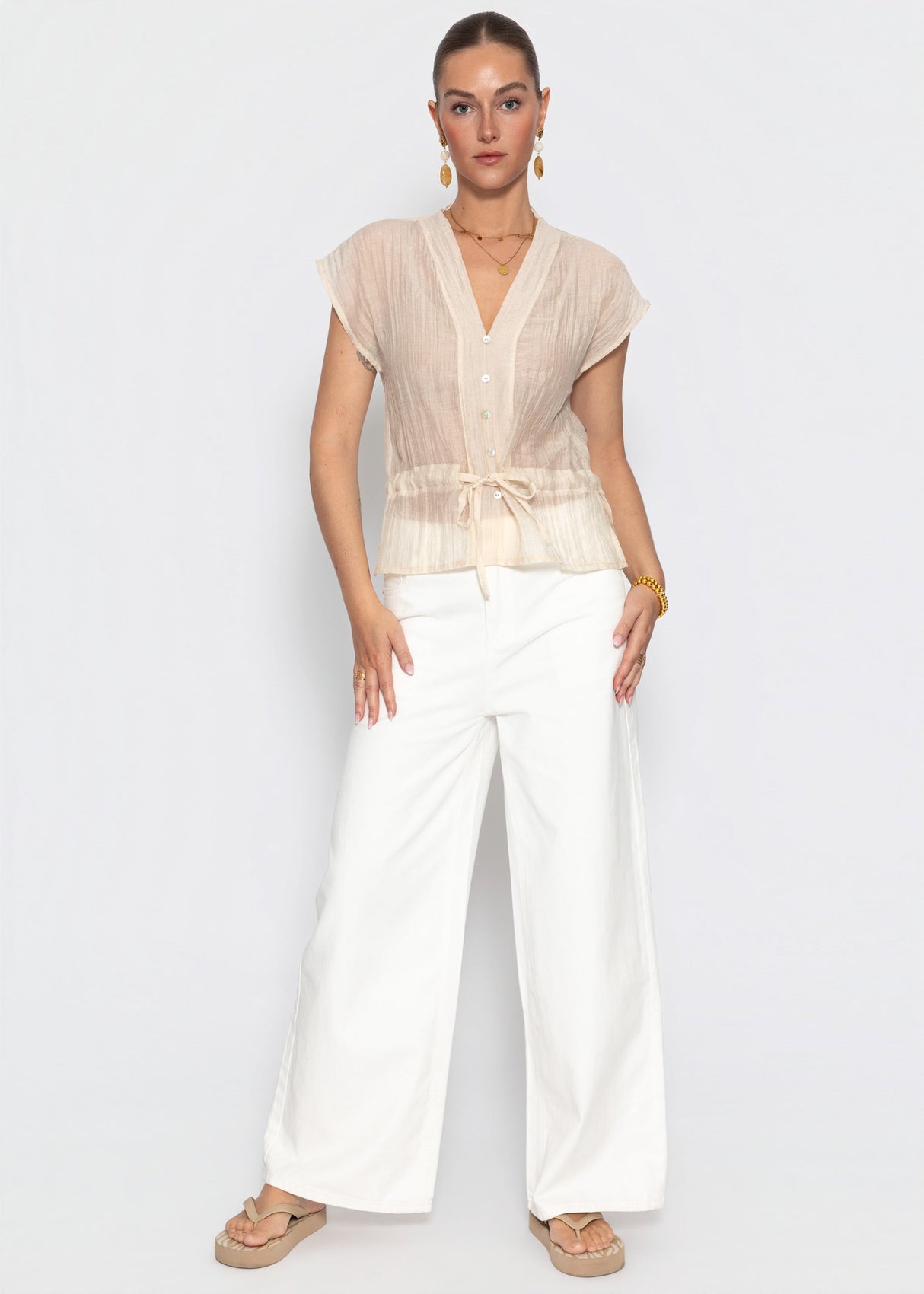 Transparentes Blusentop mit Zugband - beige