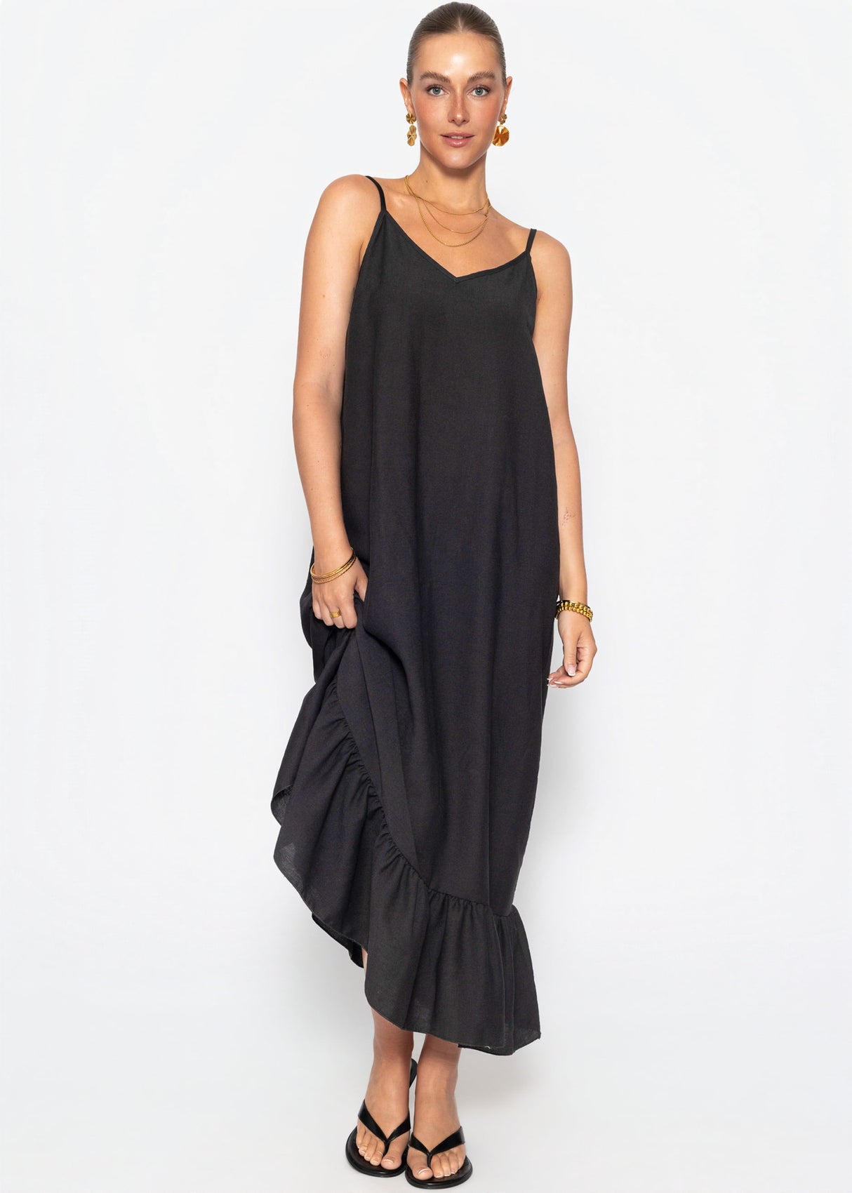 Viskose Maxikleid mit Volant - schwarz