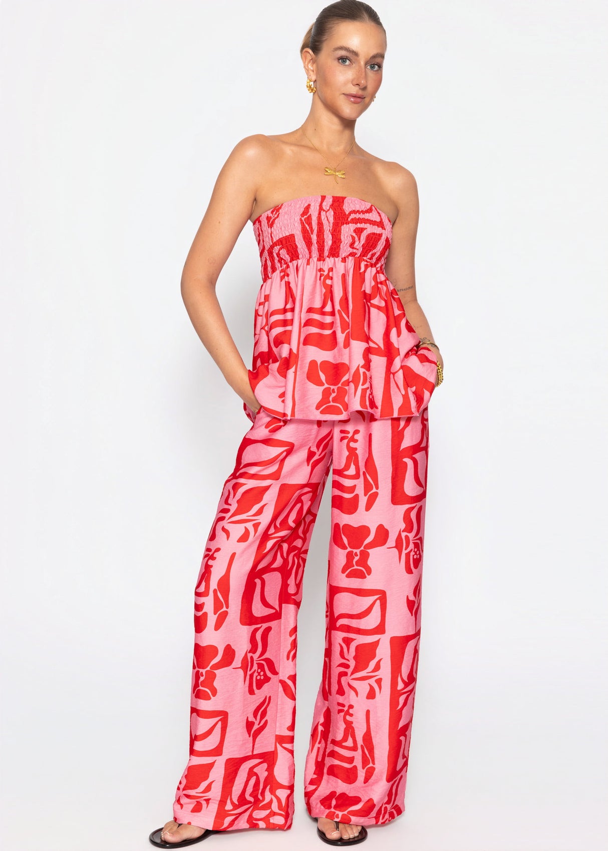 Viskose Schlupfhose mit Kunstprint - pink-rot