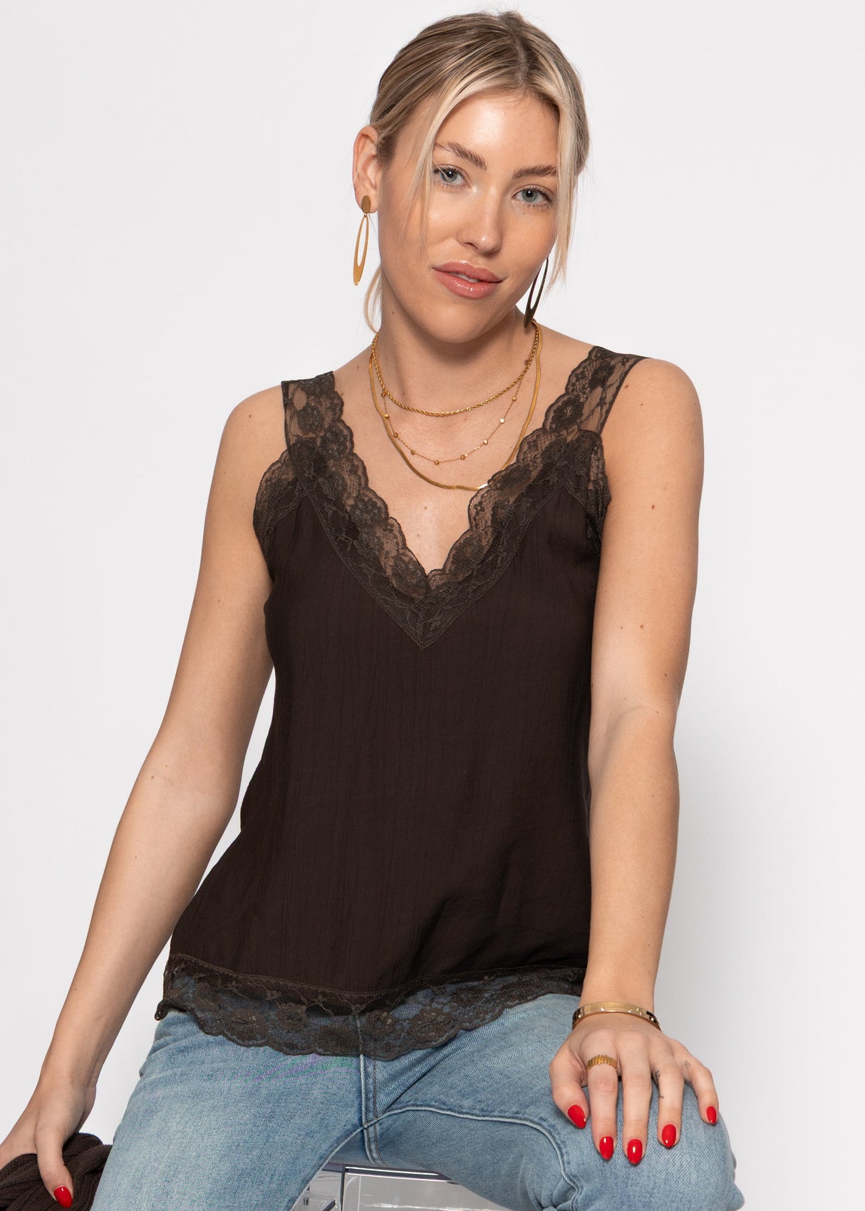 Viskose Top mit Spitze - braun