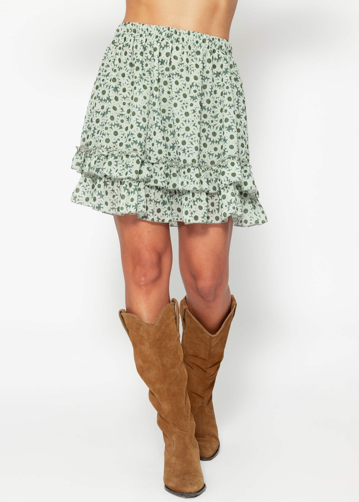 Flounce skirt with ruffles and floral print - green