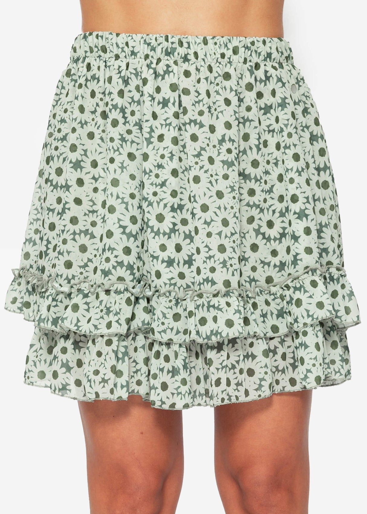 Flounce skirt with ruffles and floral print - green
