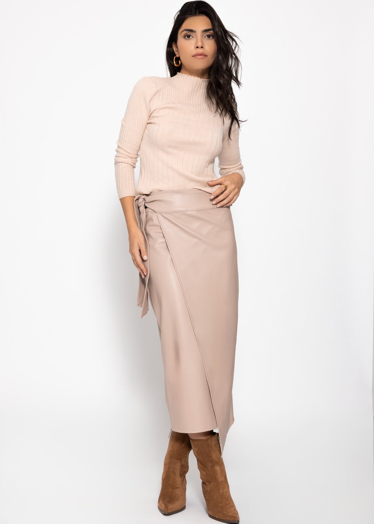 Faux leather wrap skirt - beige