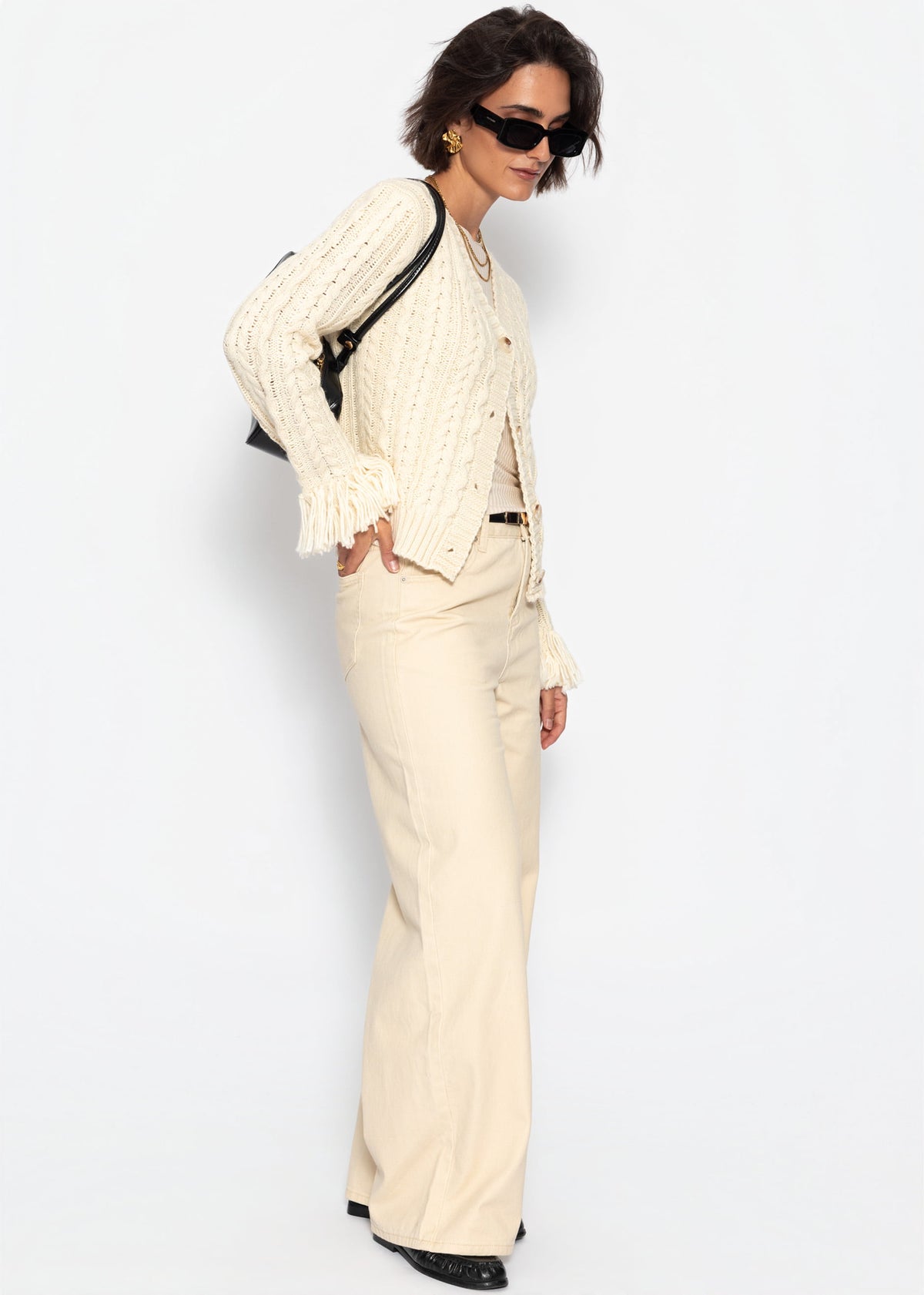 Zopfstrick-Cardigan mit Fransenbündchen - offwhite - SASSYCLASSY