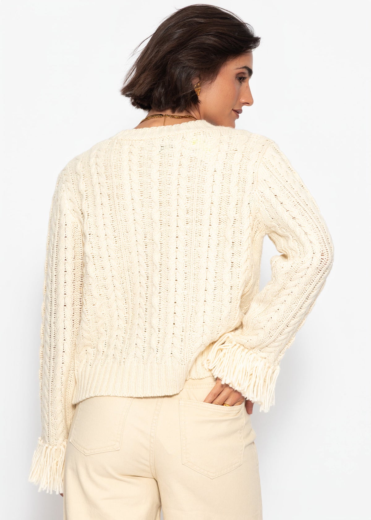 Zopfstrick-Cardigan mit Fransenbündchen - offwhite - SASSYCLASSY