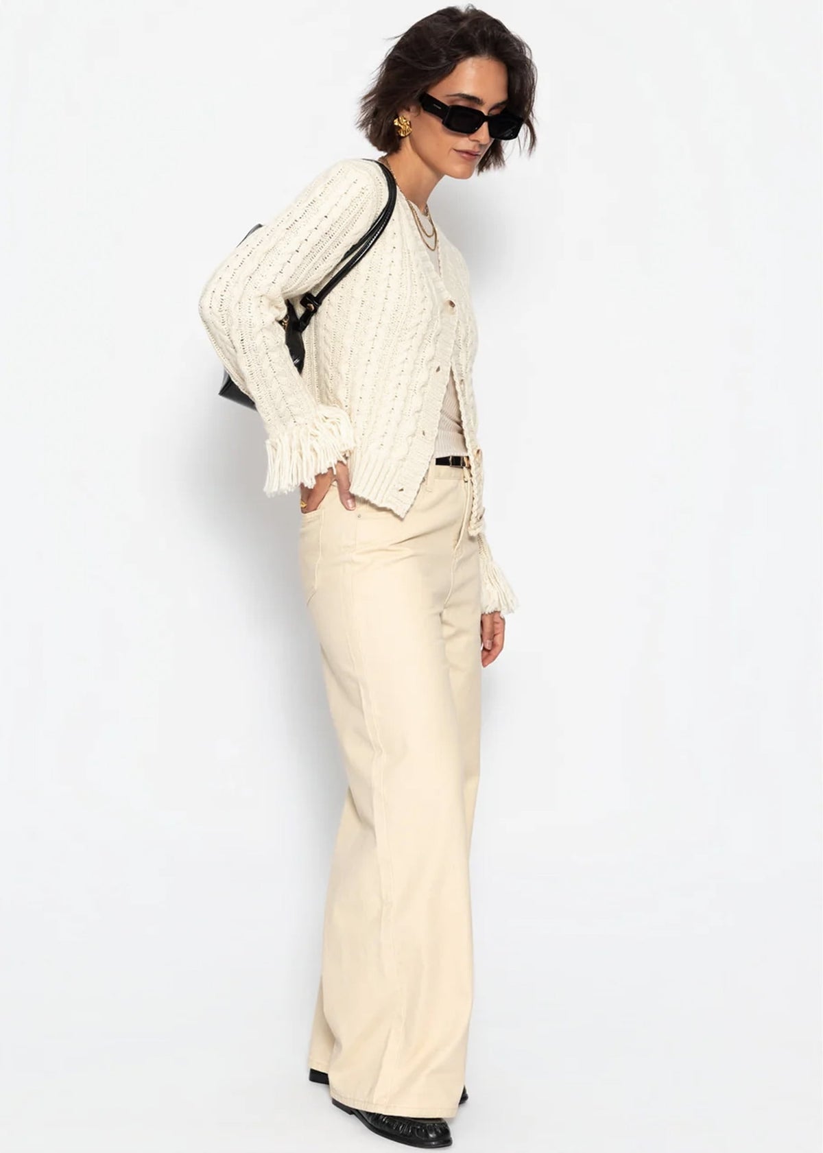 Zopfstrick-Cardigan mit Fransenbündchen - offwhite
