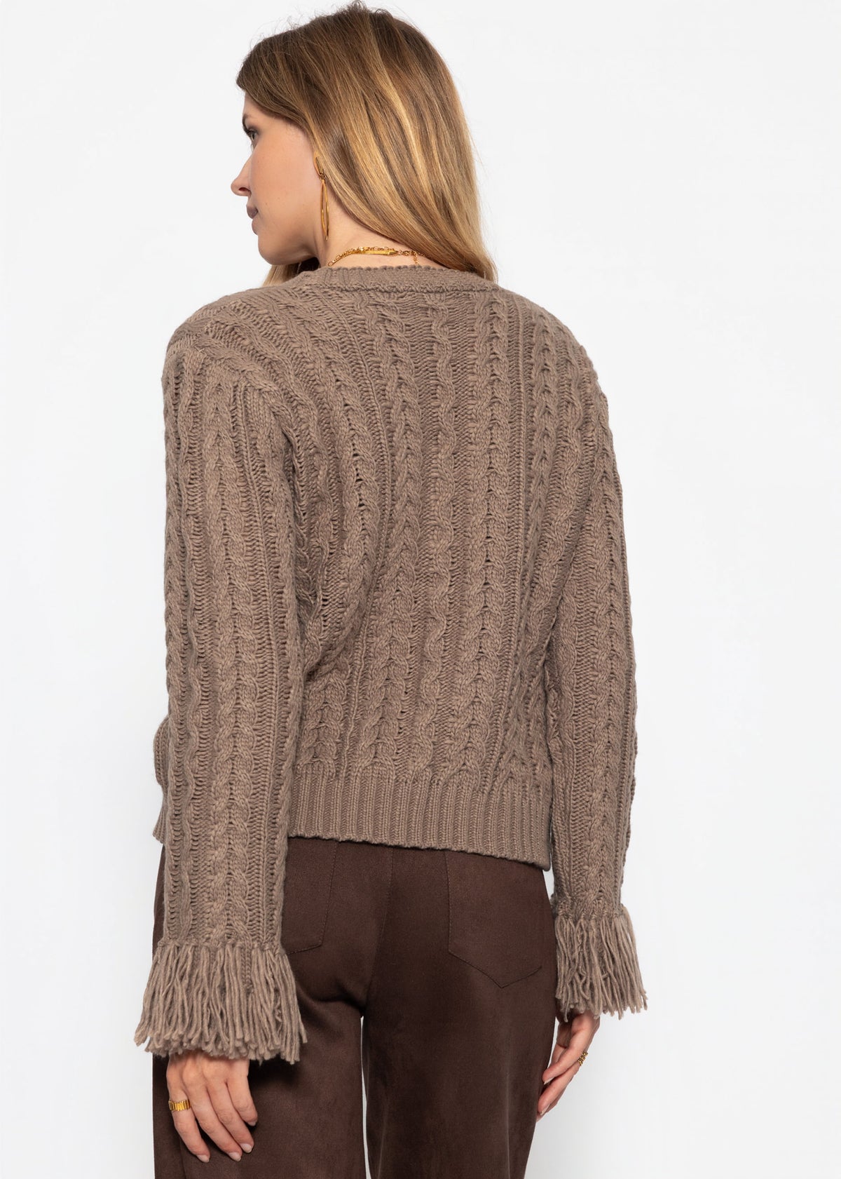 Zopfstrick-Cardigan mit Fransenbündchen - taupe