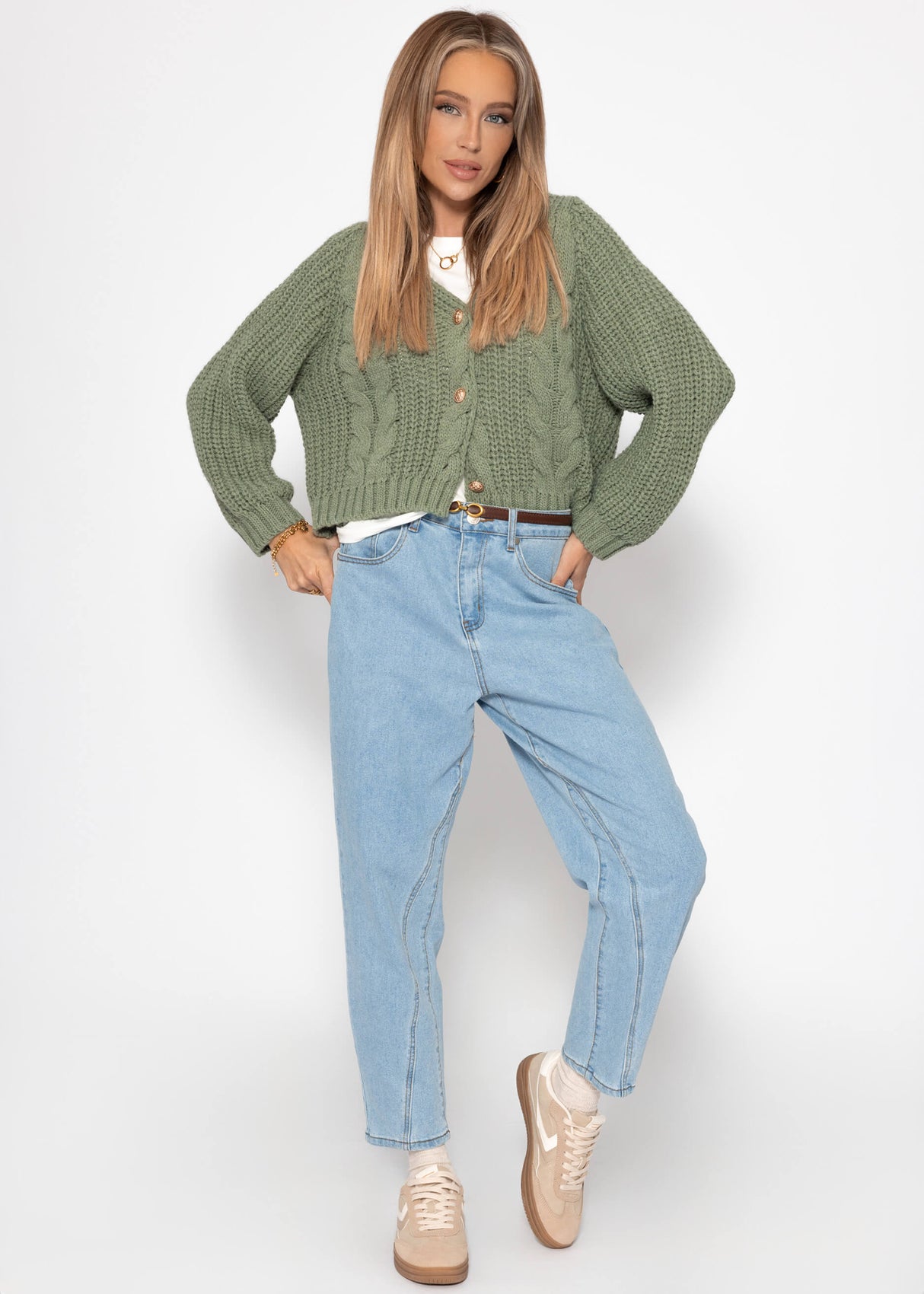 Cable knit cardigan with button placket - sage green