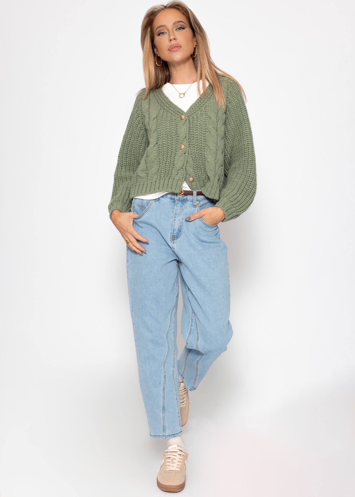 Cable knit cardigan with button placket - sage green