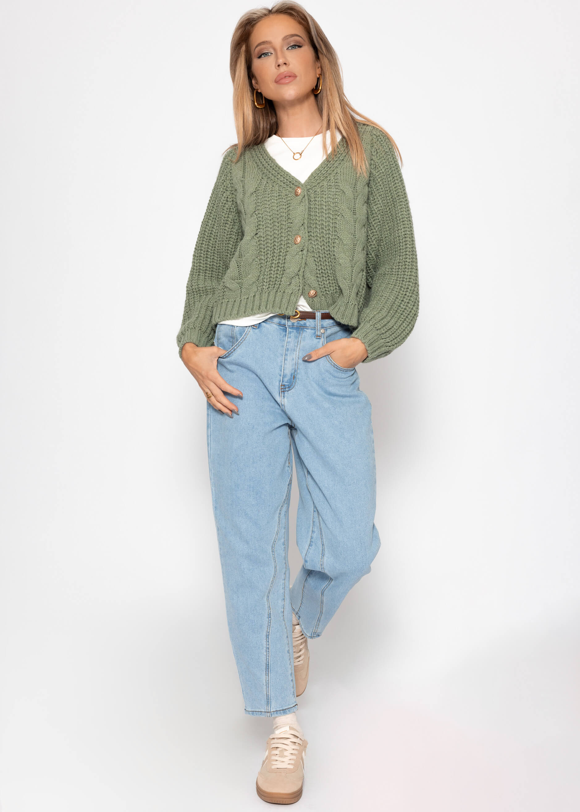 Cable knit cardigan with button placket - sage green
