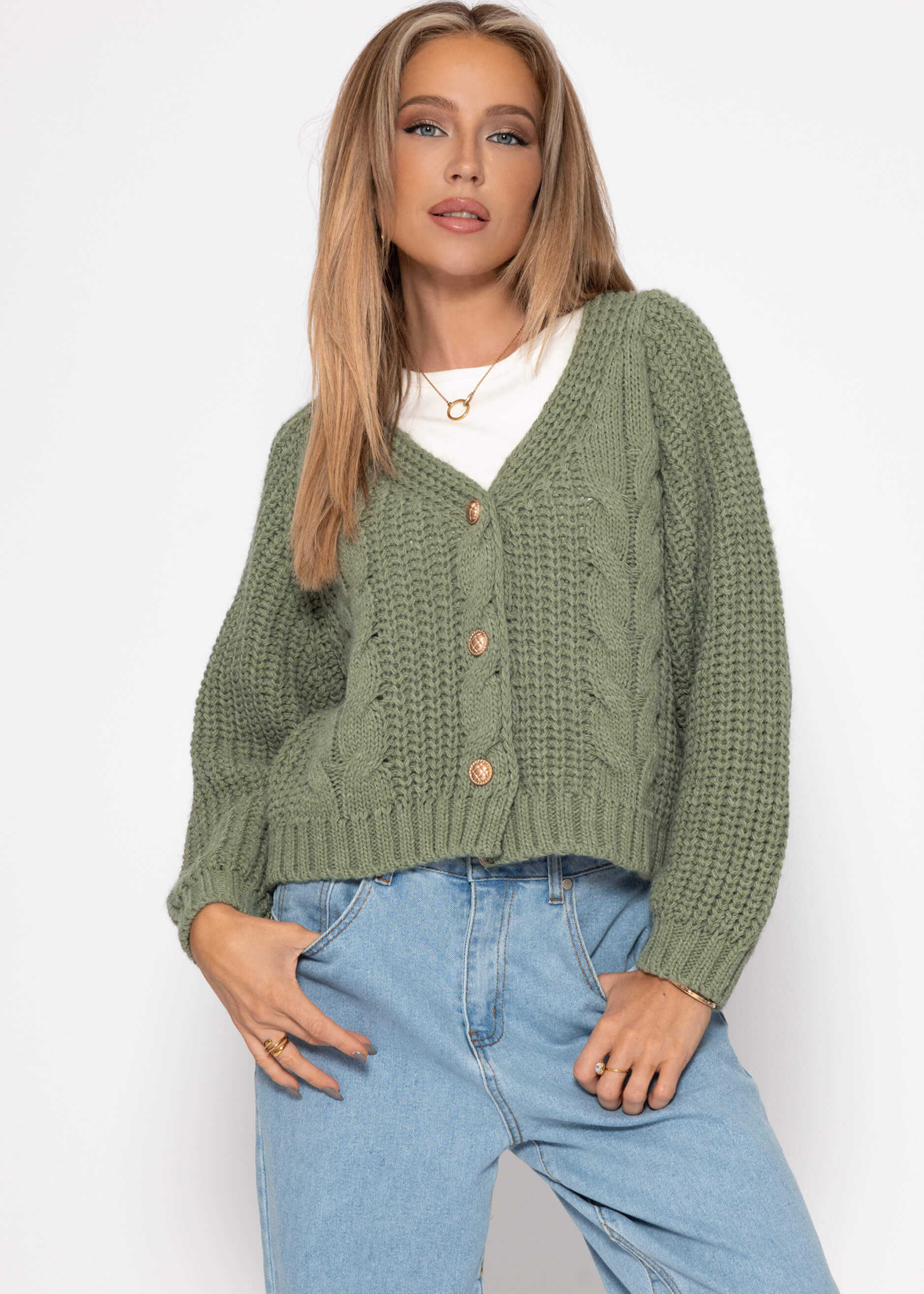Cable knit cardigan with button placket - sage green