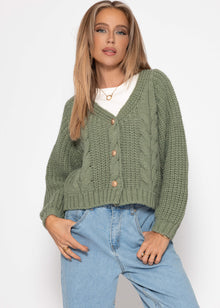 Cable knit cardigan with button placket - sage green