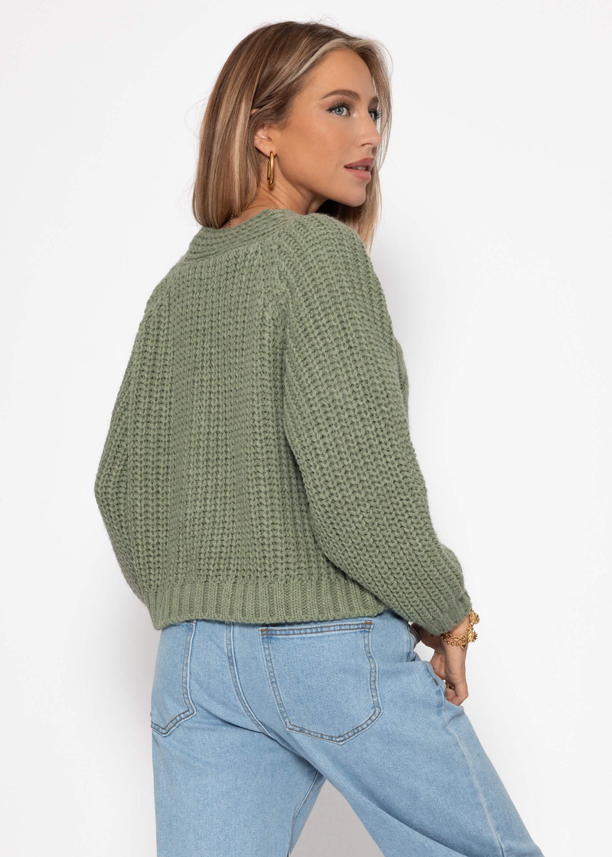 Cable knit cardigan with button placket - sage green