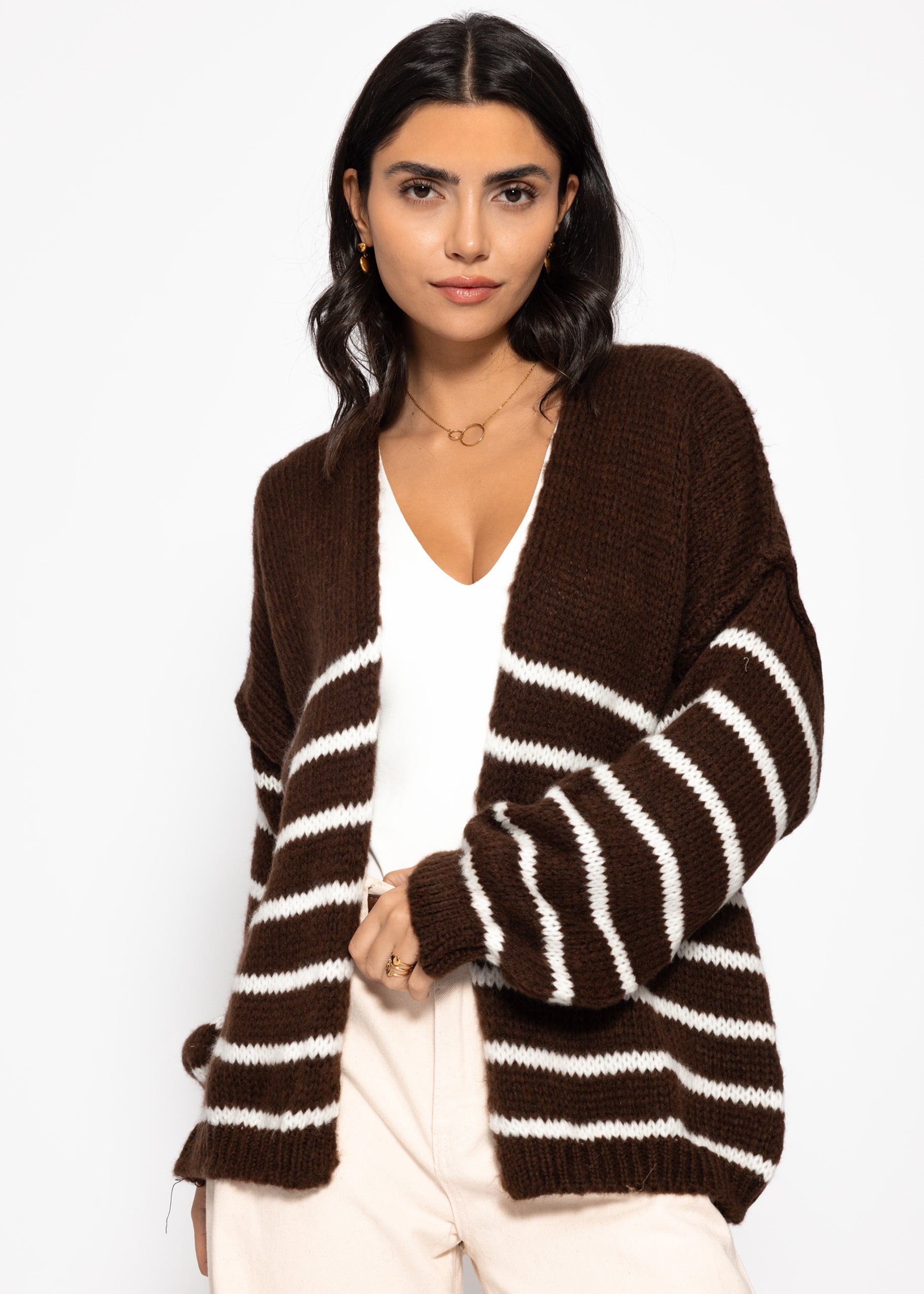 Striped cardigan with outer seams - dark brown
