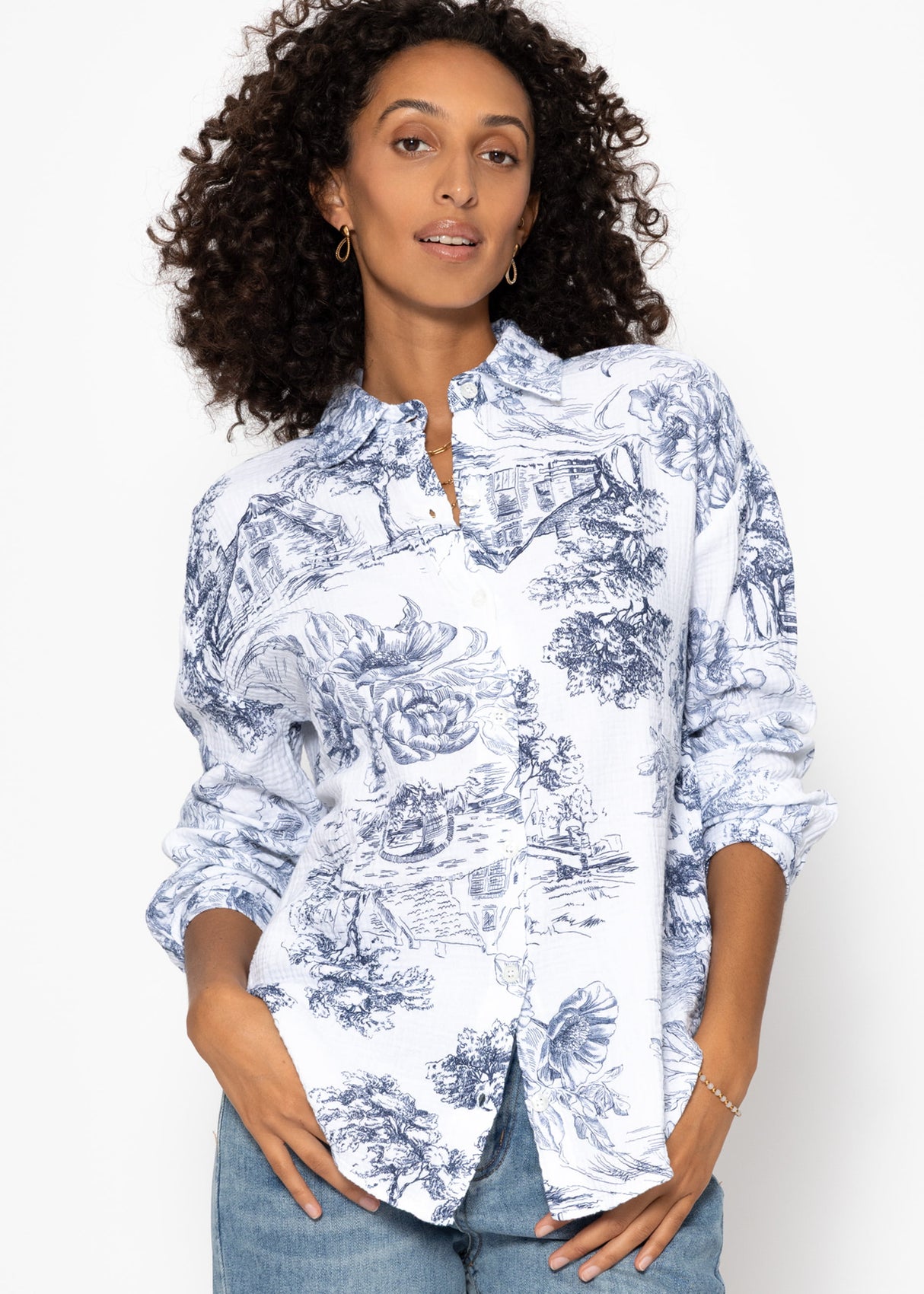 Oversize muslin blouse with print - dark blue