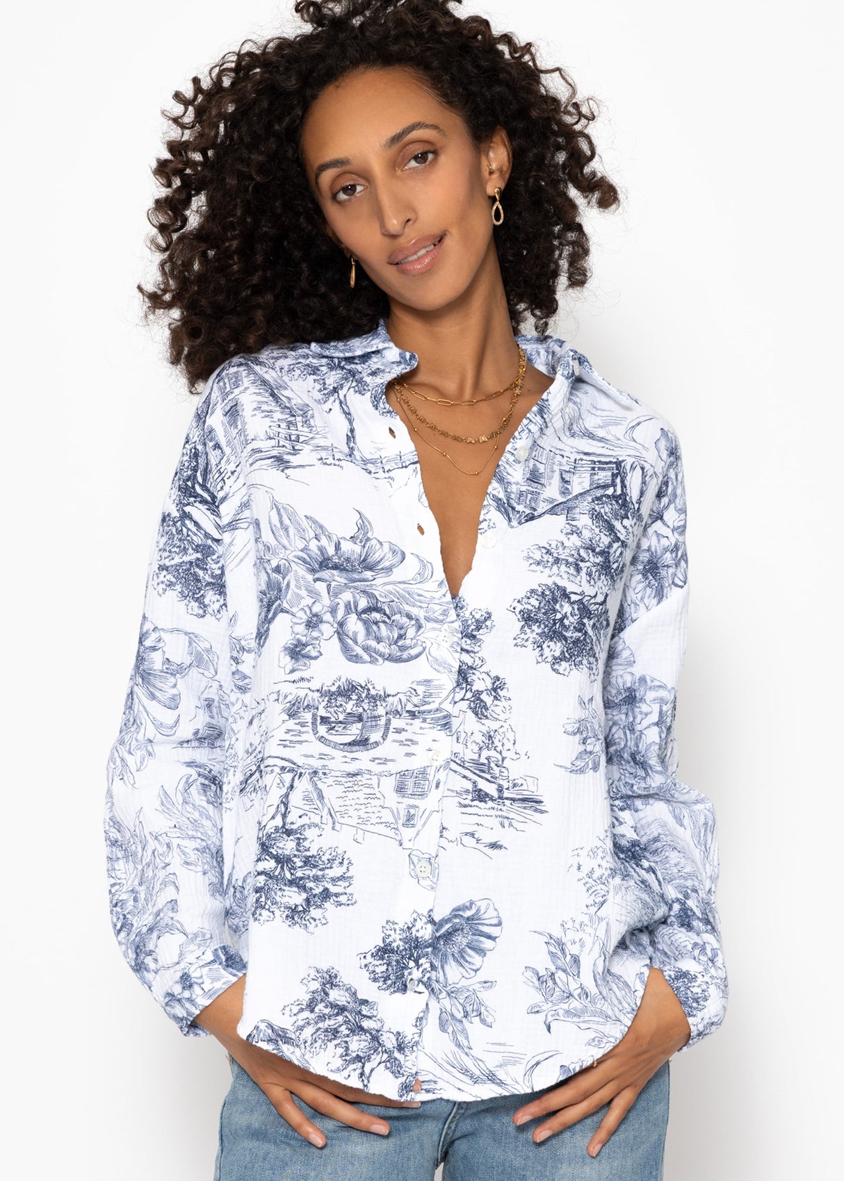 Oversize muslin blouse with print - dark blue