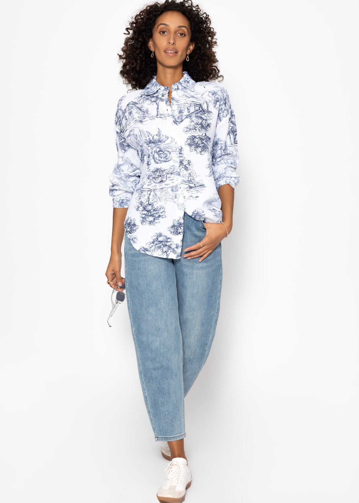 Oversize muslin blouse with print - dark blue